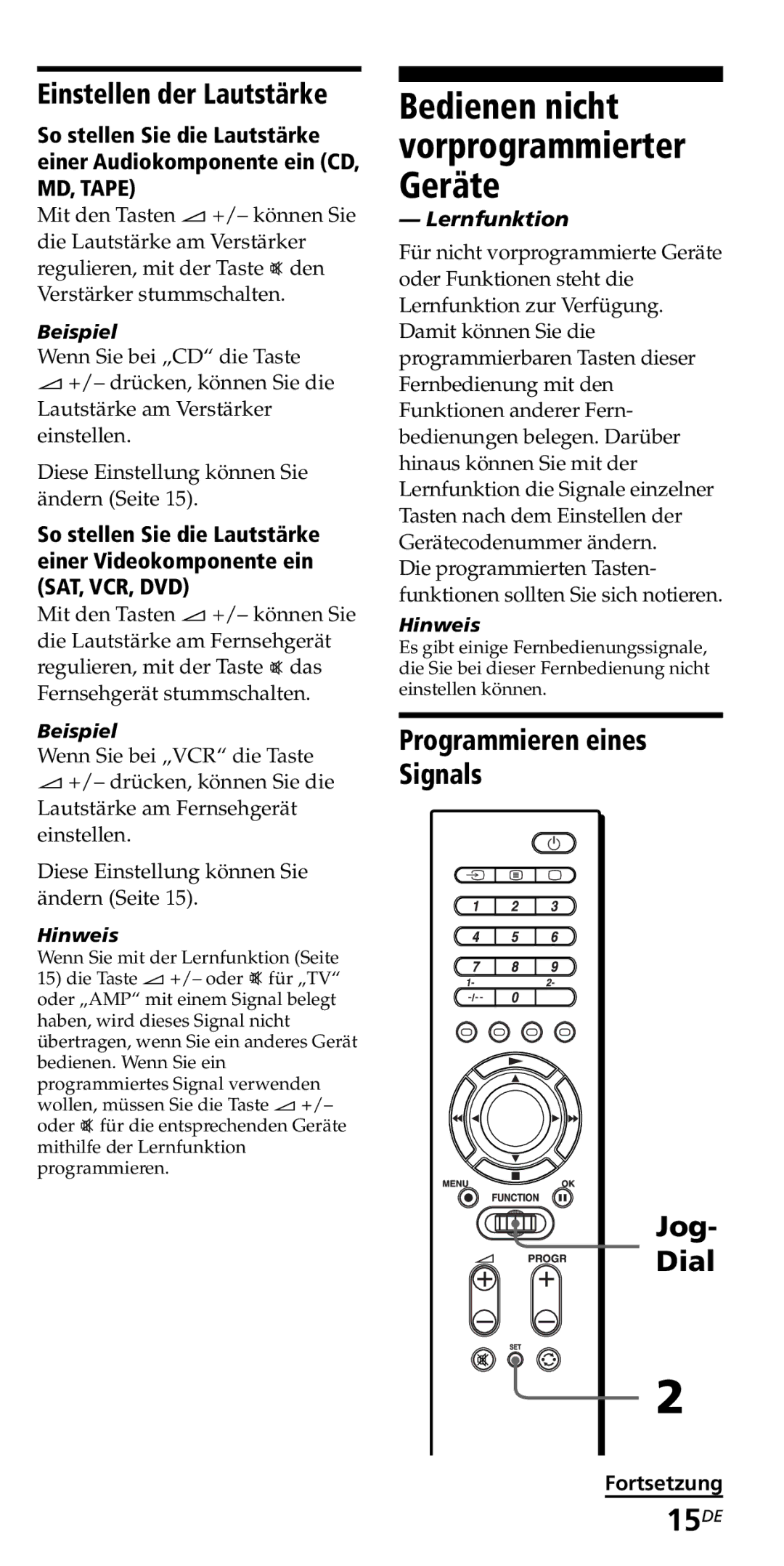 Sony RM-VZ950T operating instructions 15DE, Einstellen der Lautstärke, Programmieren eines Signals Jog Dial, Beispiel 