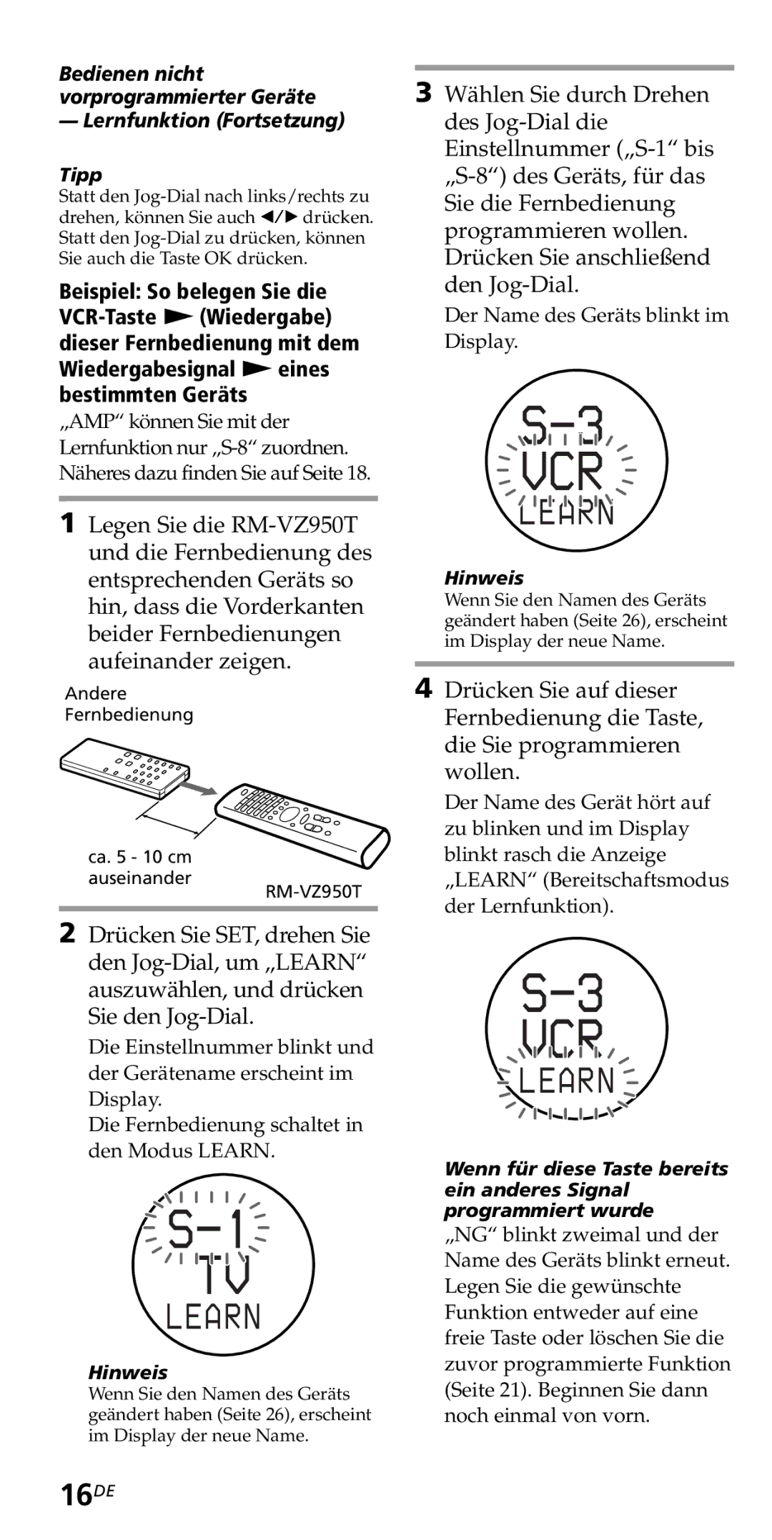 Sony RM-VZ950T operating instructions 16DE, Bedienen nicht vorprogrammierter Geräte 