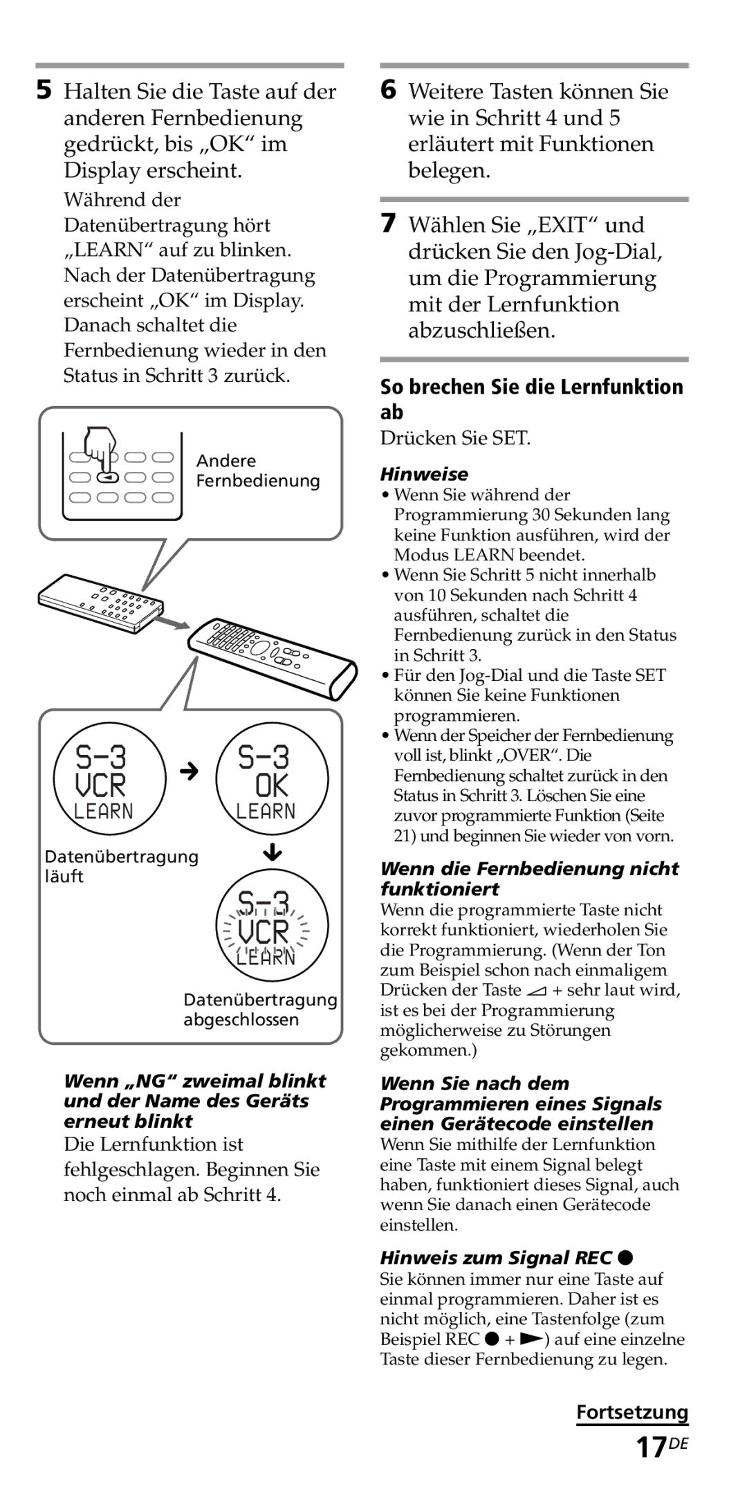 Sony RM-VZ950T operating instructions 17DE, So brechen Sie die Lernfunktion ab, Wenn die Fernbedienung nicht funktioniert 