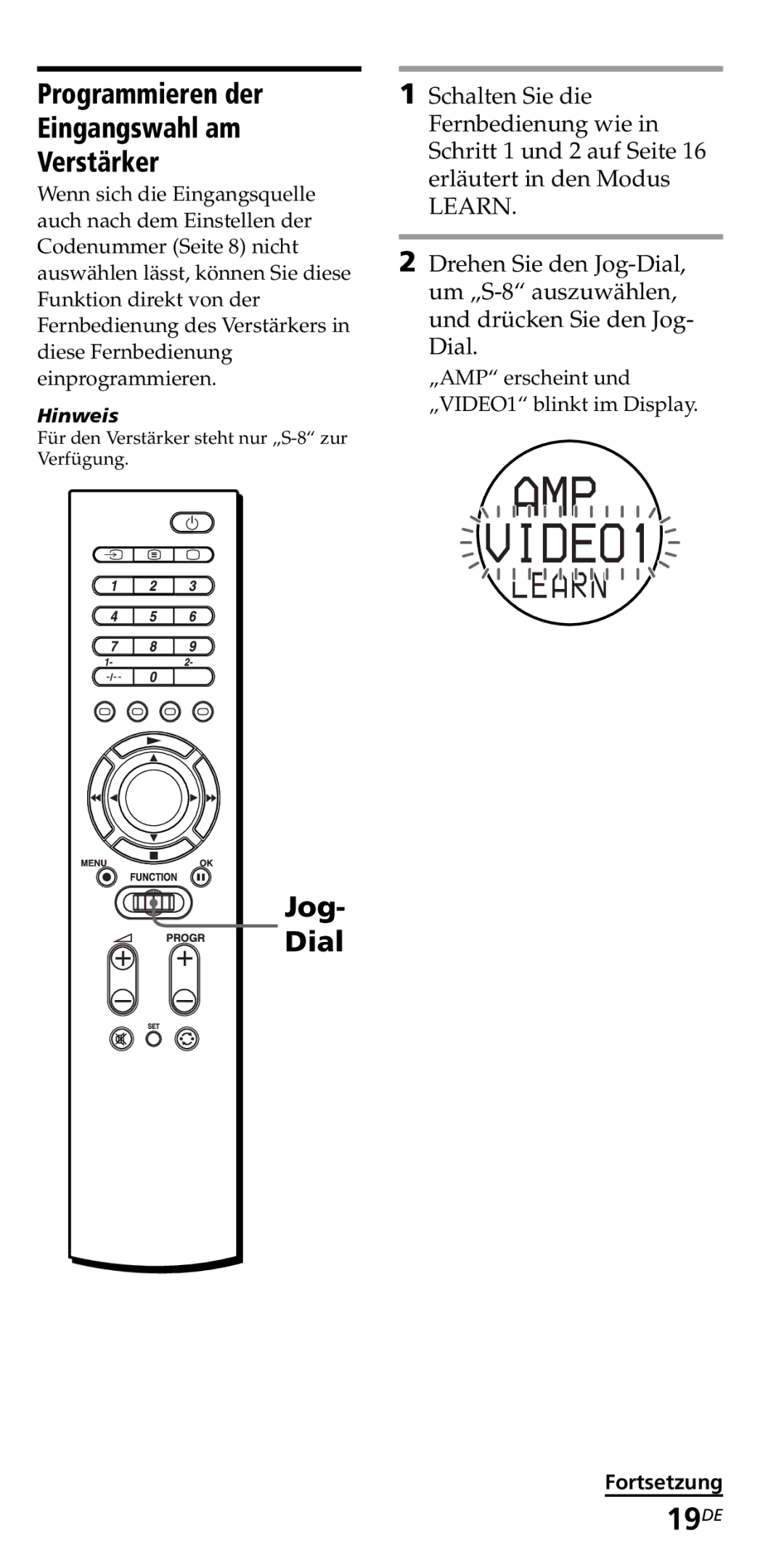 Sony RM-VZ950T operating instructions 19DE, Programmieren der Eingangswahl am Verstärker 