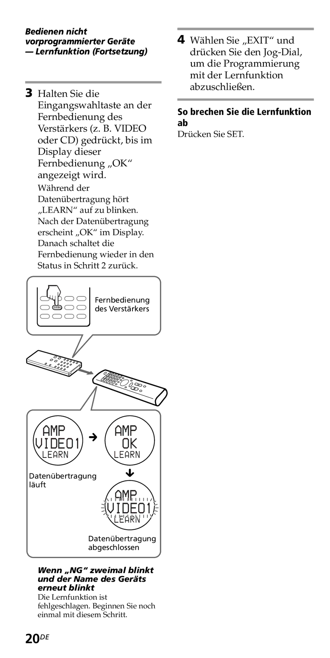 Sony RM-VZ950T operating instructions 20DE, So brechen Sie die Lernfunktion ab 