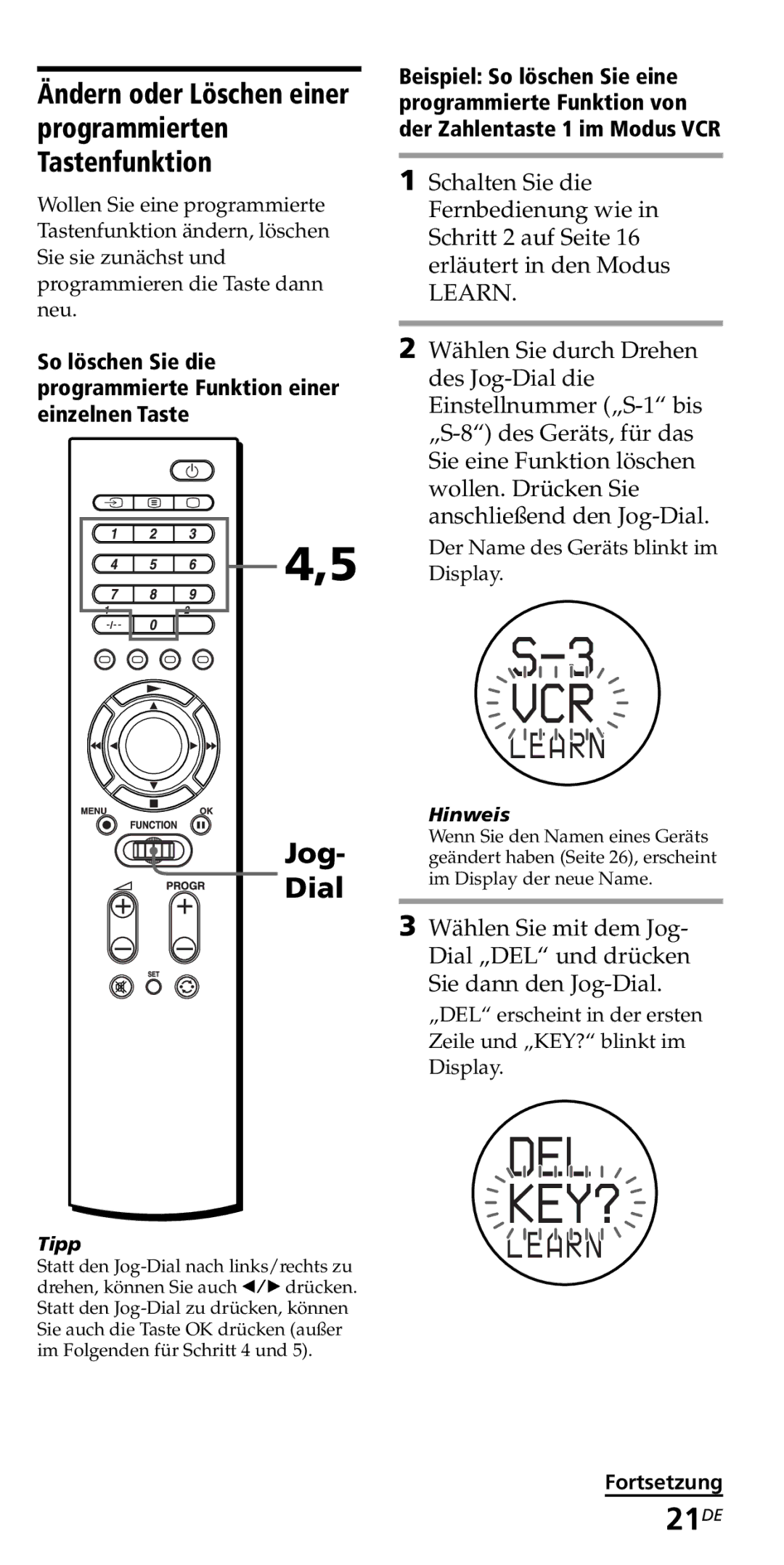 Sony RM-VZ950T operating instructions 21DE, Ändern oder Löschen einer programmierten Tastenfunktion 