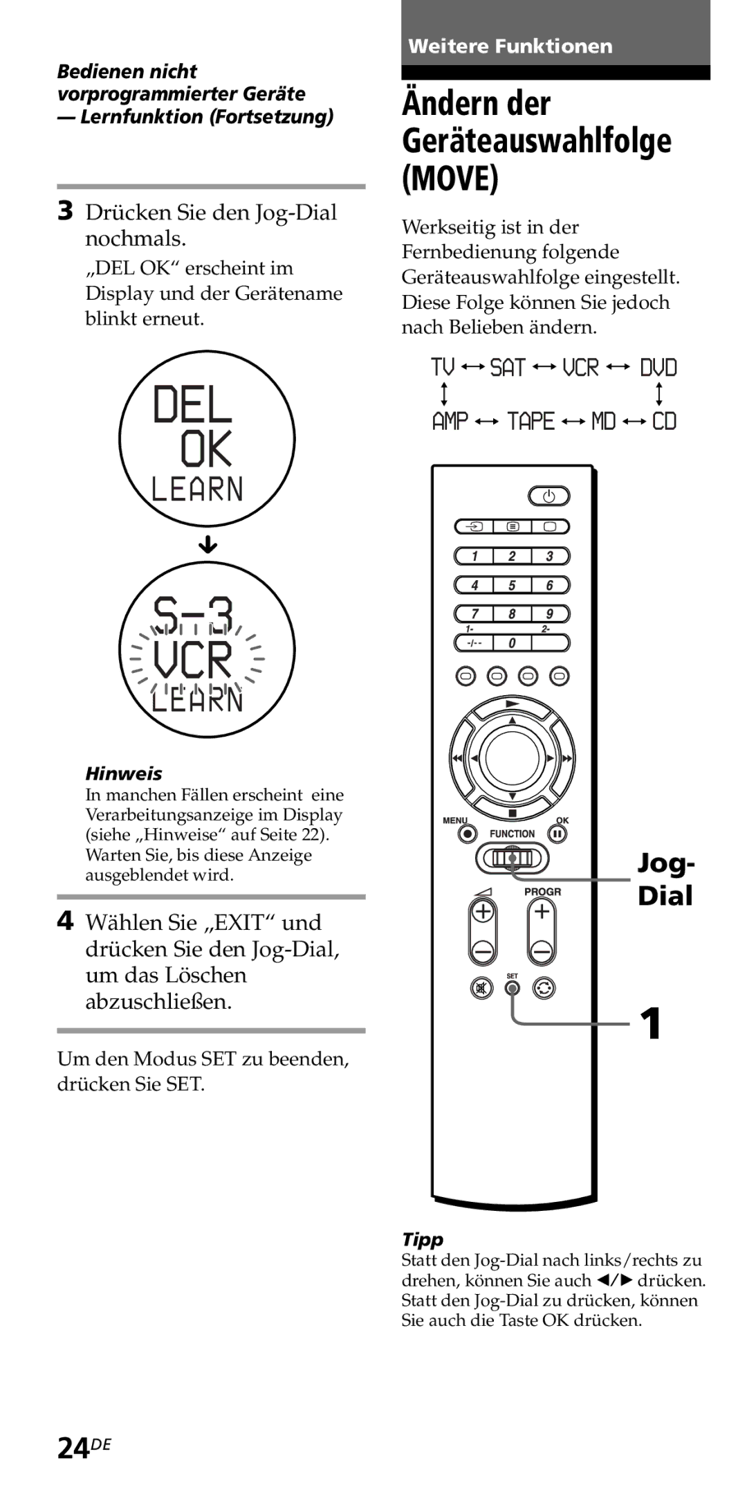 Sony RM-VZ950T operating instructions 24DE, Ändern der Geräteauswahlfolge Move 