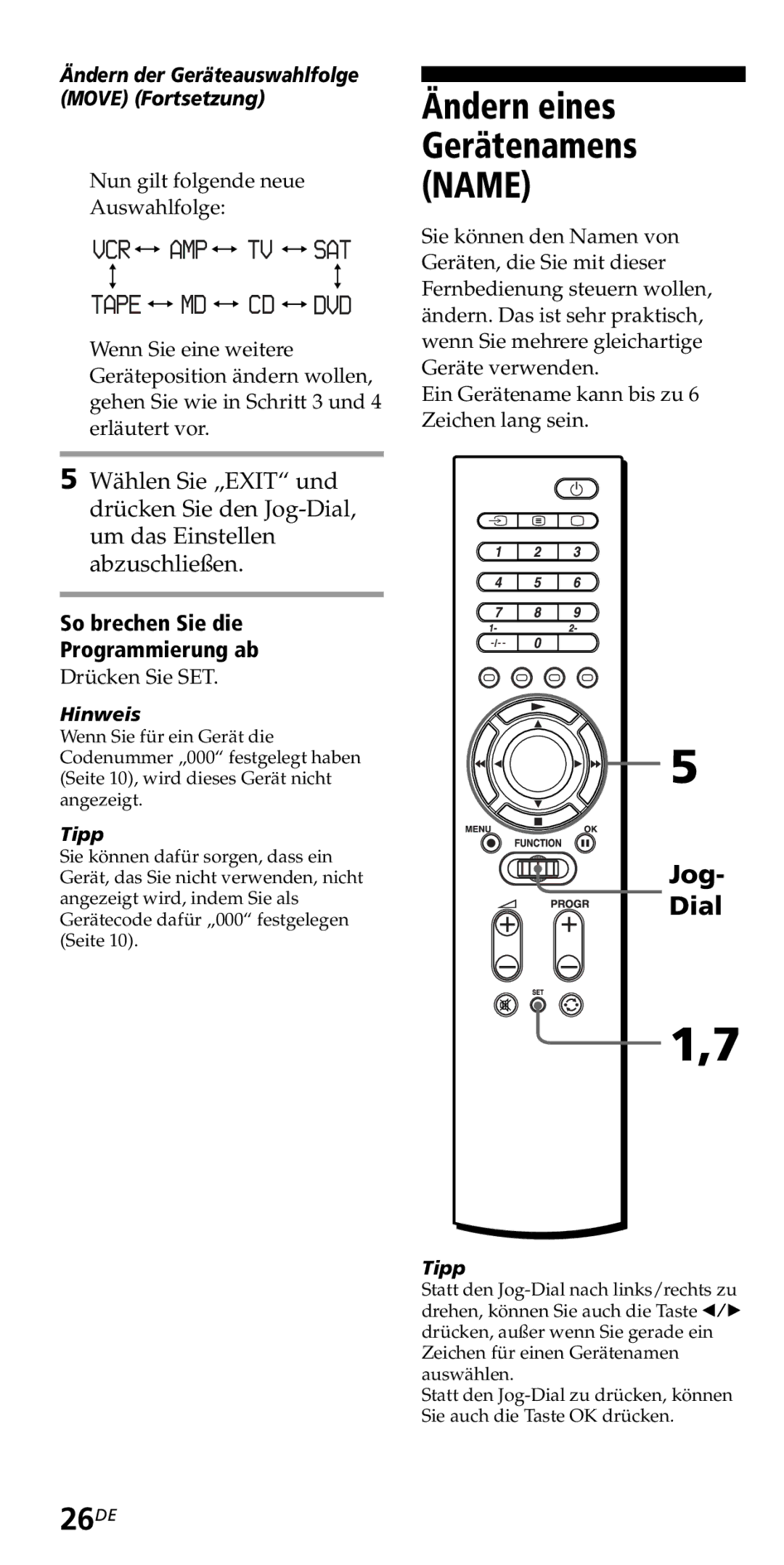 Sony RM-VZ950T operating instructions 26DE, Ändern der Geräteauswahlfolge Move Fortsetzung 