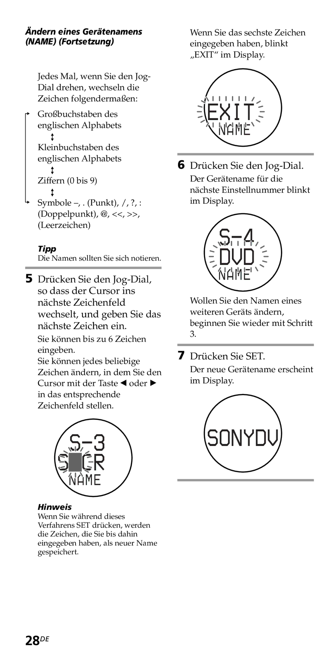 Sony RM-VZ950T operating instructions 28DE, Name Fortsetzung 