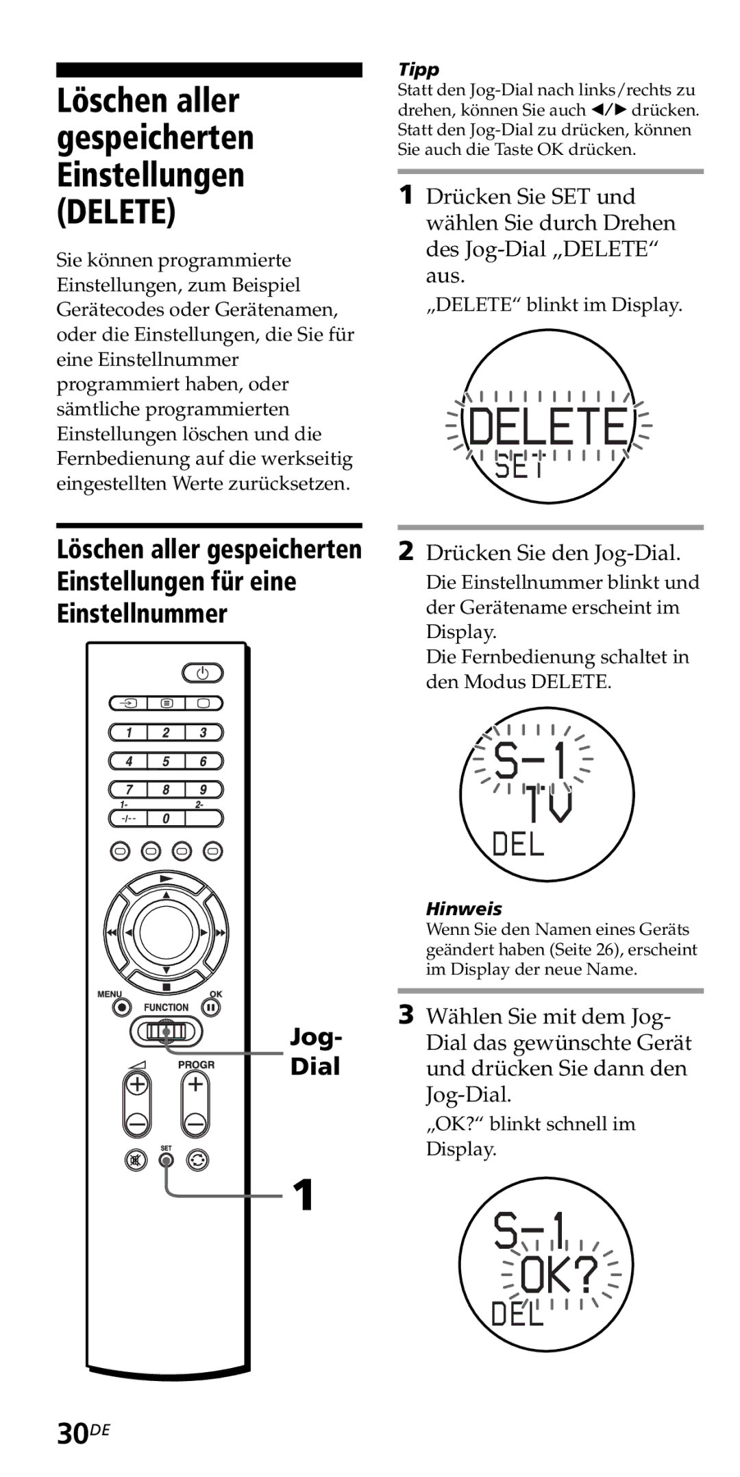 Sony RM-VZ950T operating instructions Löschen aller gespeicherten Einstellungen Delete, 30DE 