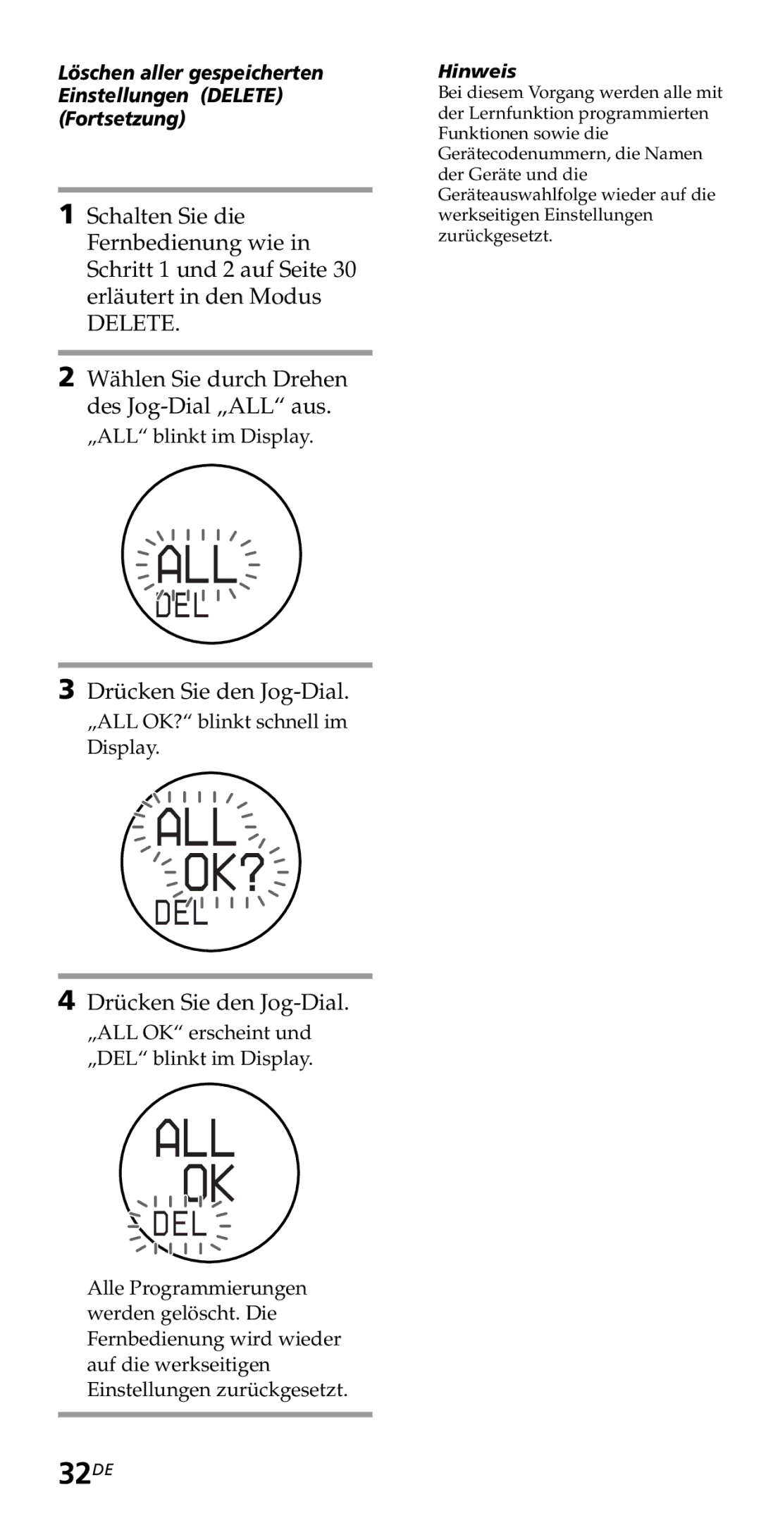 Sony RM-VZ950T operating instructions 32DE, Löschen aller gespeicherten Einstellungen Delete Fortsetzung 