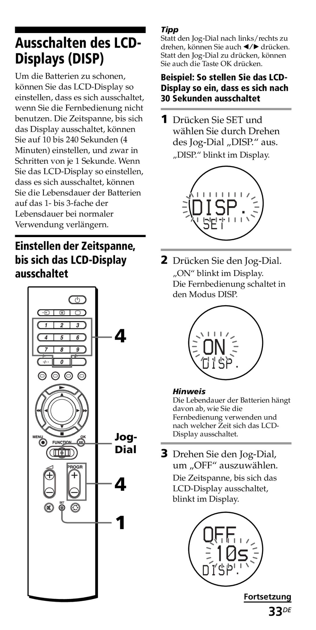 Sony RM-VZ950T operating instructions Ausschalten des LCD- Displays Disp, 33DE 