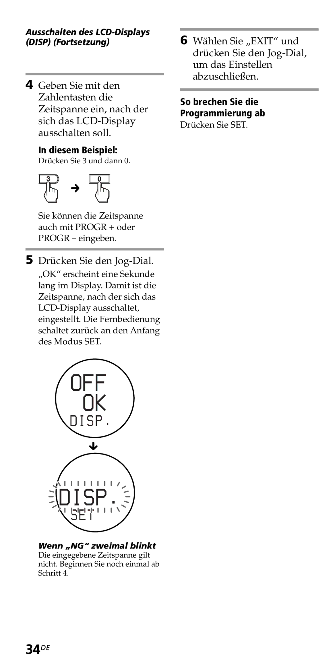 Sony RM-VZ950T operating instructions 34DE, Ausschalten des LCD-Displays Disp Fortsetzung, Wenn „NG zweimal blinkt 