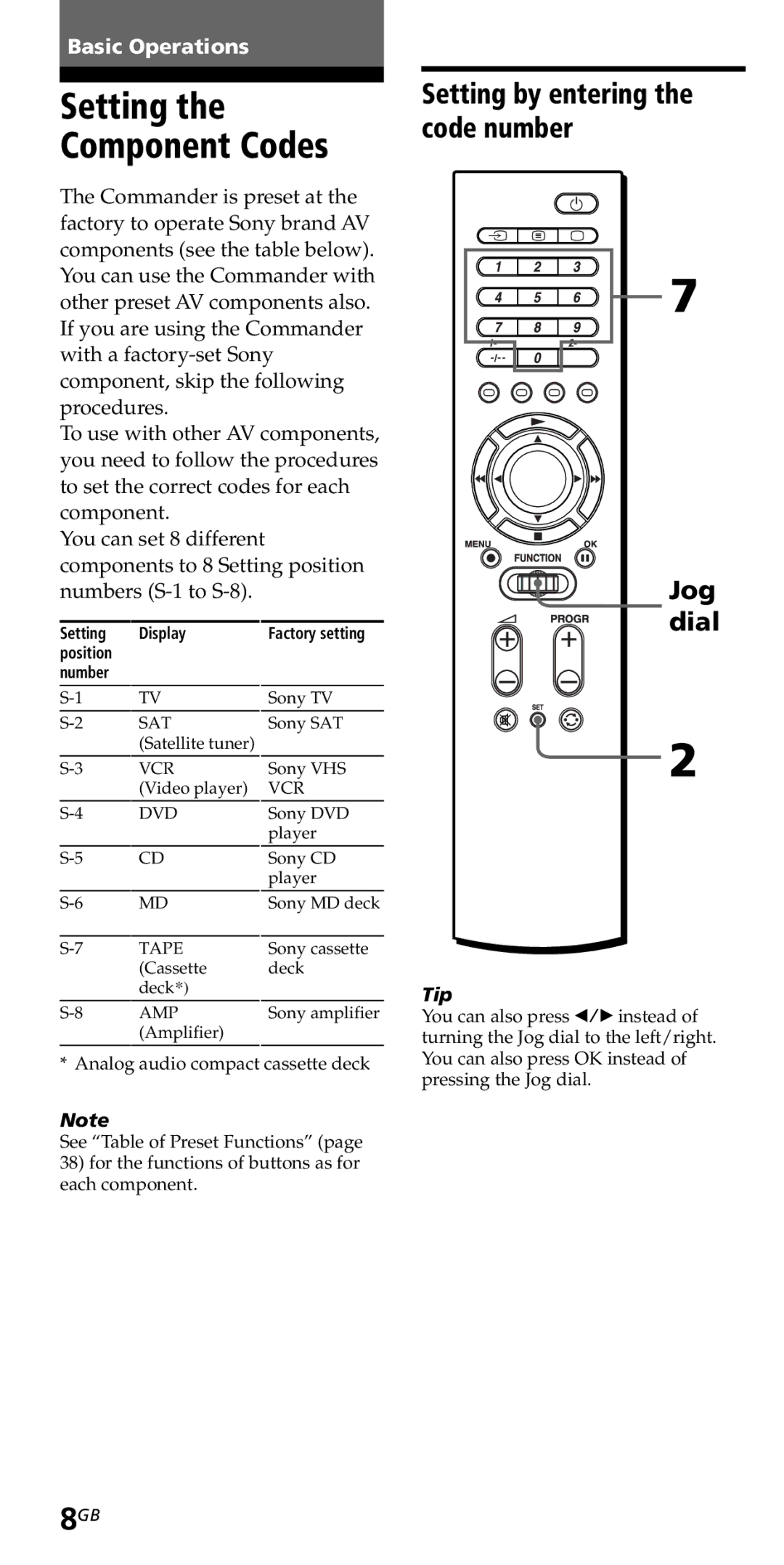 Sony RM-VZ950T operating instructions Setting the Component Codes, Setting by entering the code number 