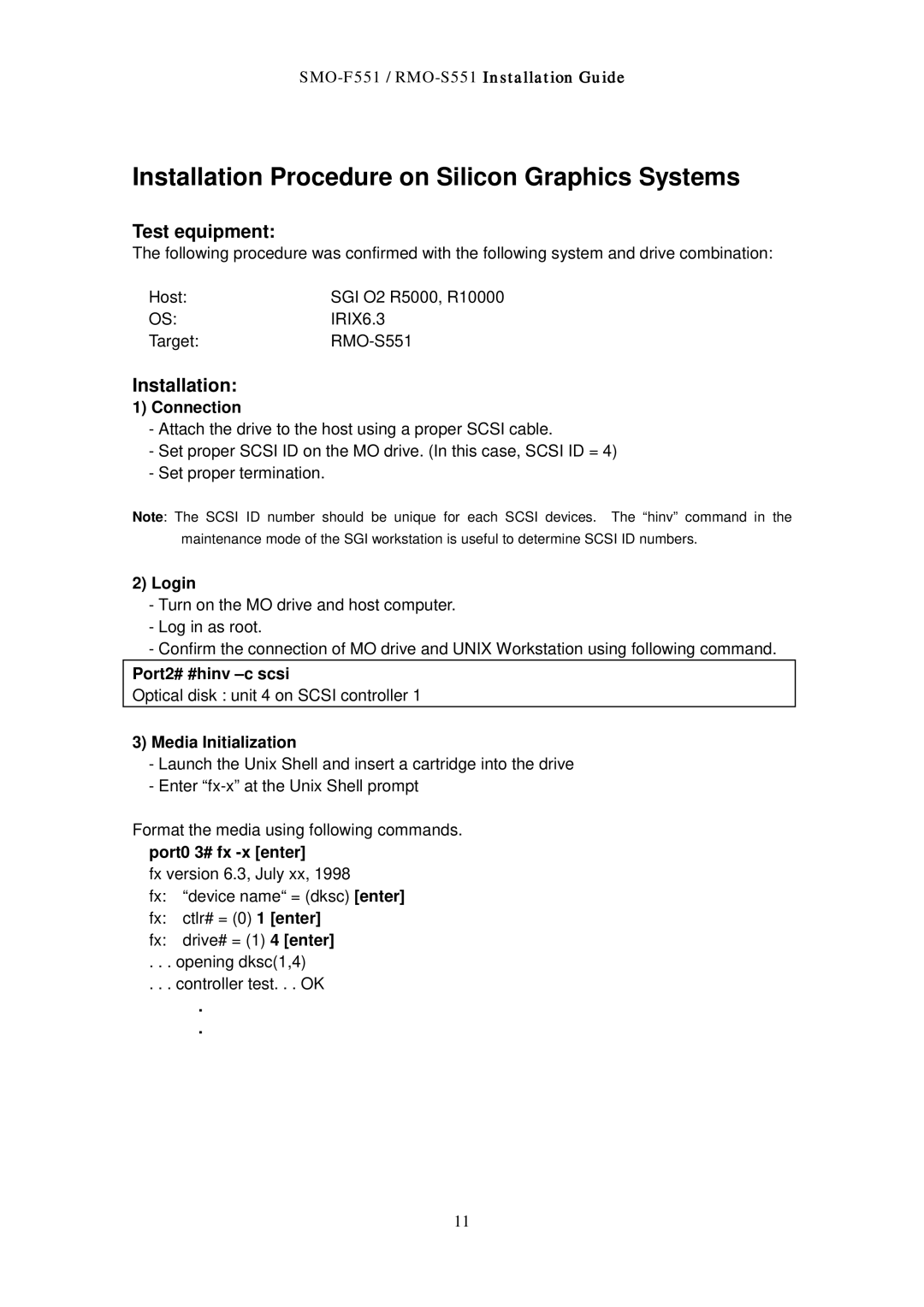 Sony RMO-S551 manual Installation Procedure on Silicon Graphics Systems, Port2# #hinv -c scsi, Media Initialization 