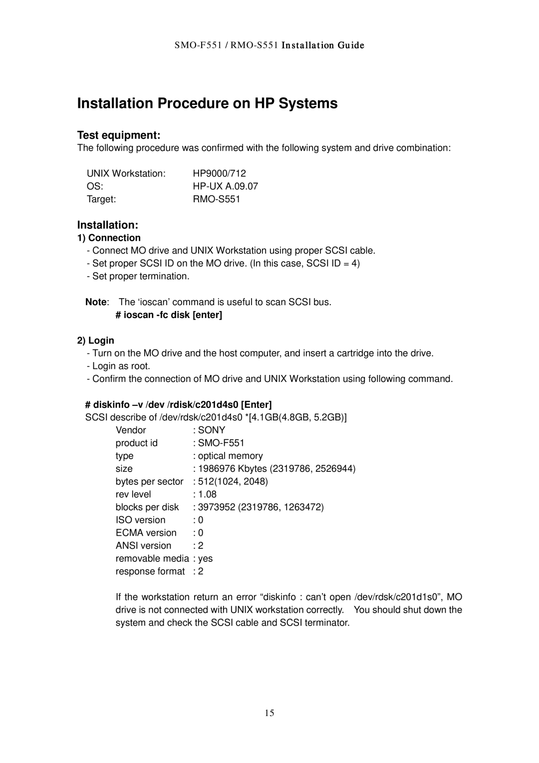 Sony RMO-S551 manual Installation Procedure on HP Systems, # ioscan -fc disk enter Login 