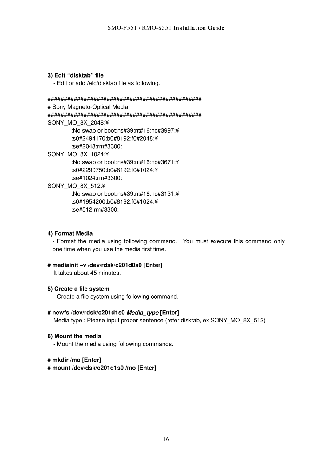 Sony RMO-S551 manual Edit disktab file, Format Media, # newfs /dev/rdsk/c201d1s0 Mediatype Enter 