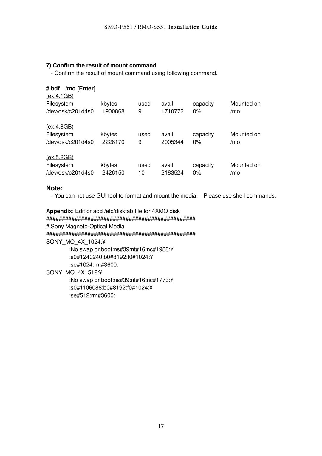 Sony RMO-S551 manual Confirm the result of mount command, # bdf /mo Enter ex.4.1GB 