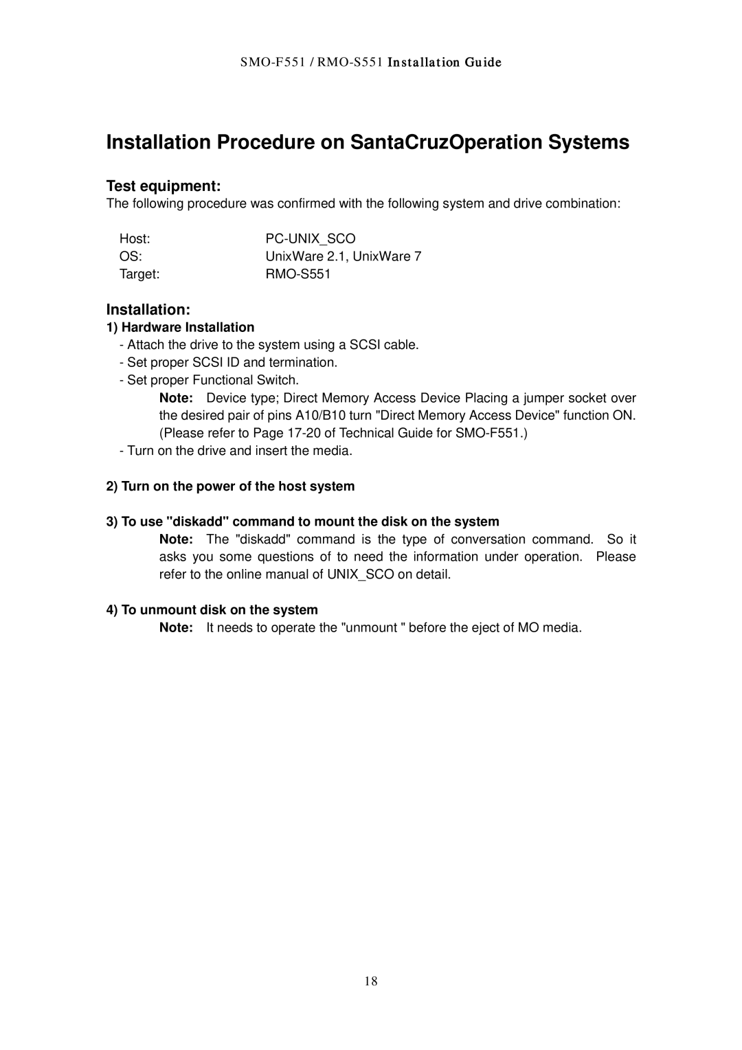 Sony RMO-S551 manual Installation Procedure on SantaCruzOperation Systems, Hardware Installation 