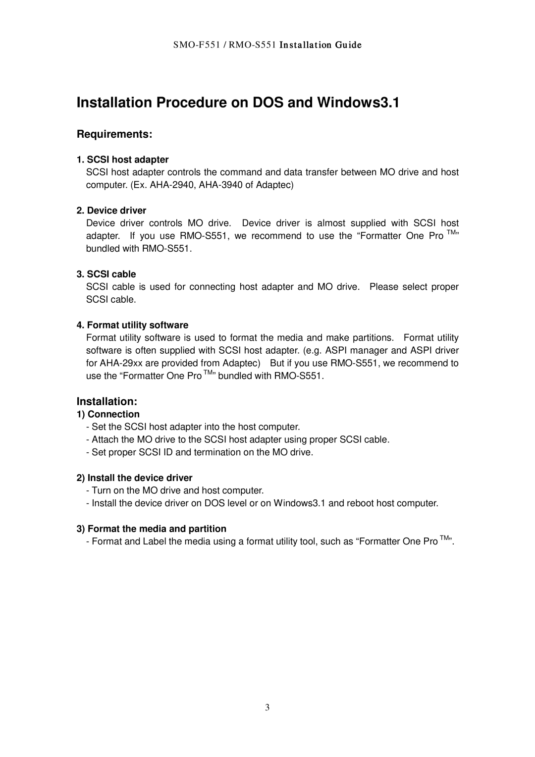 Sony RMO-S551 manual Installation Procedure on DOS and Windows3.1, Requirements 