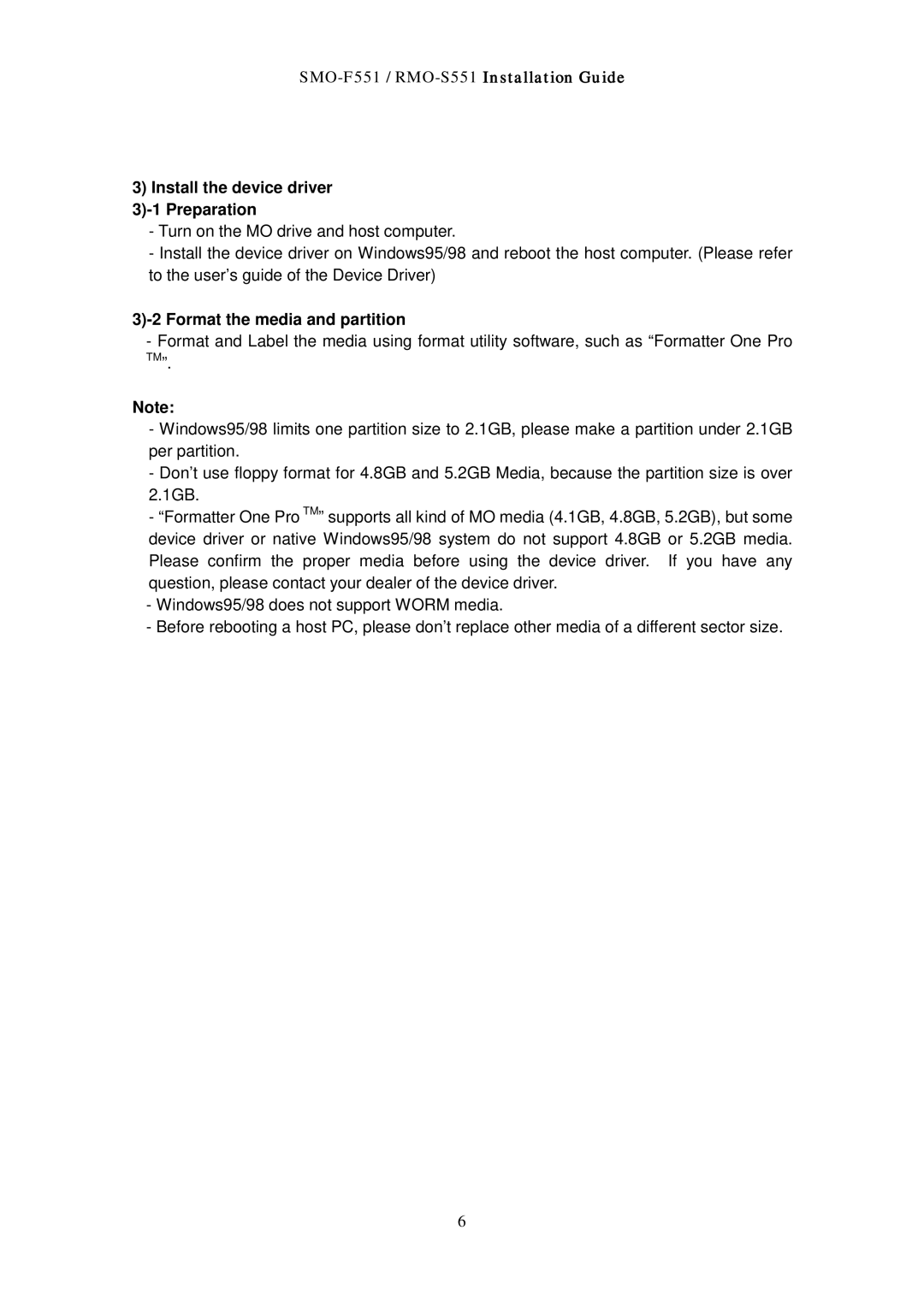 Sony RMO-S551 manual Install the device driver Preparation, Format the media and partition 