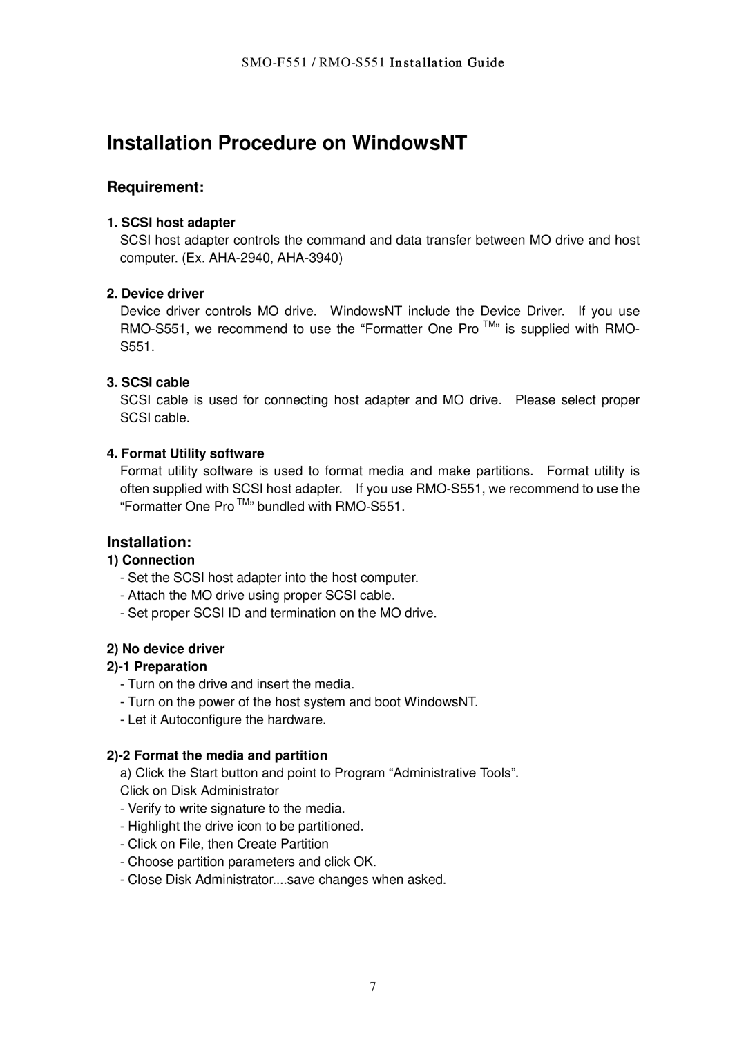 Sony RMO-S551 manual Installation Procedure on WindowsNT 