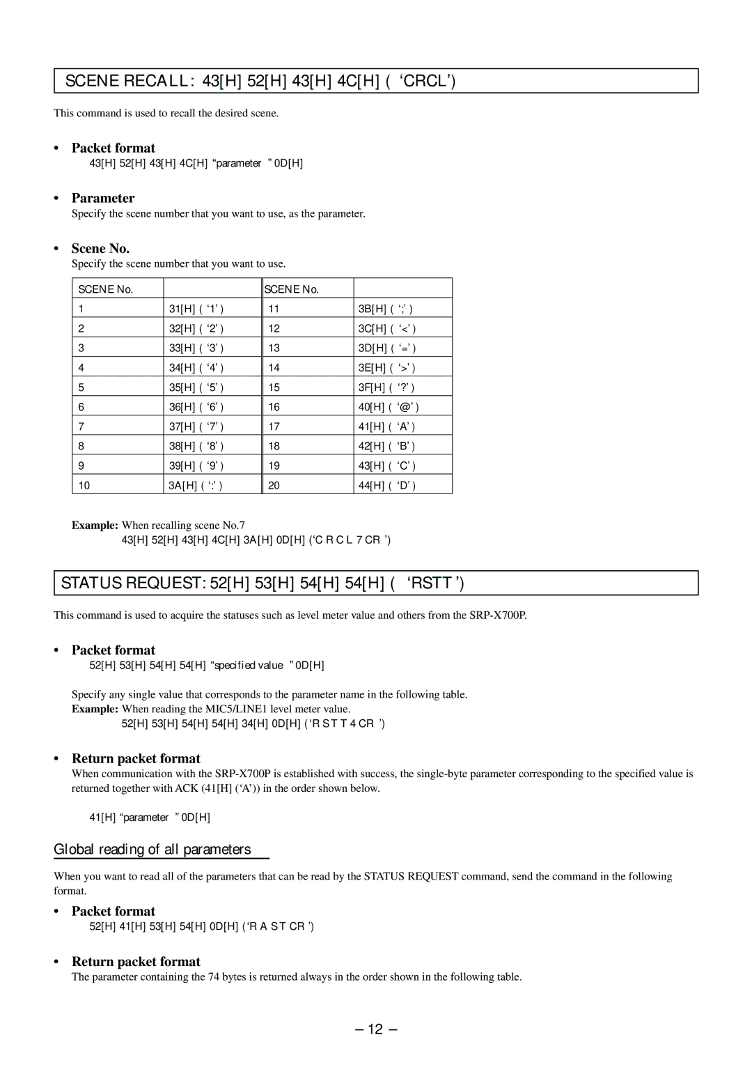 Sony RS-232C Scene Recall 43H 52H 43H 4CH ‘CRCL’, Status Request 52H 53H 54H 54H ‘RSTT’, Scene No, Return packet format 