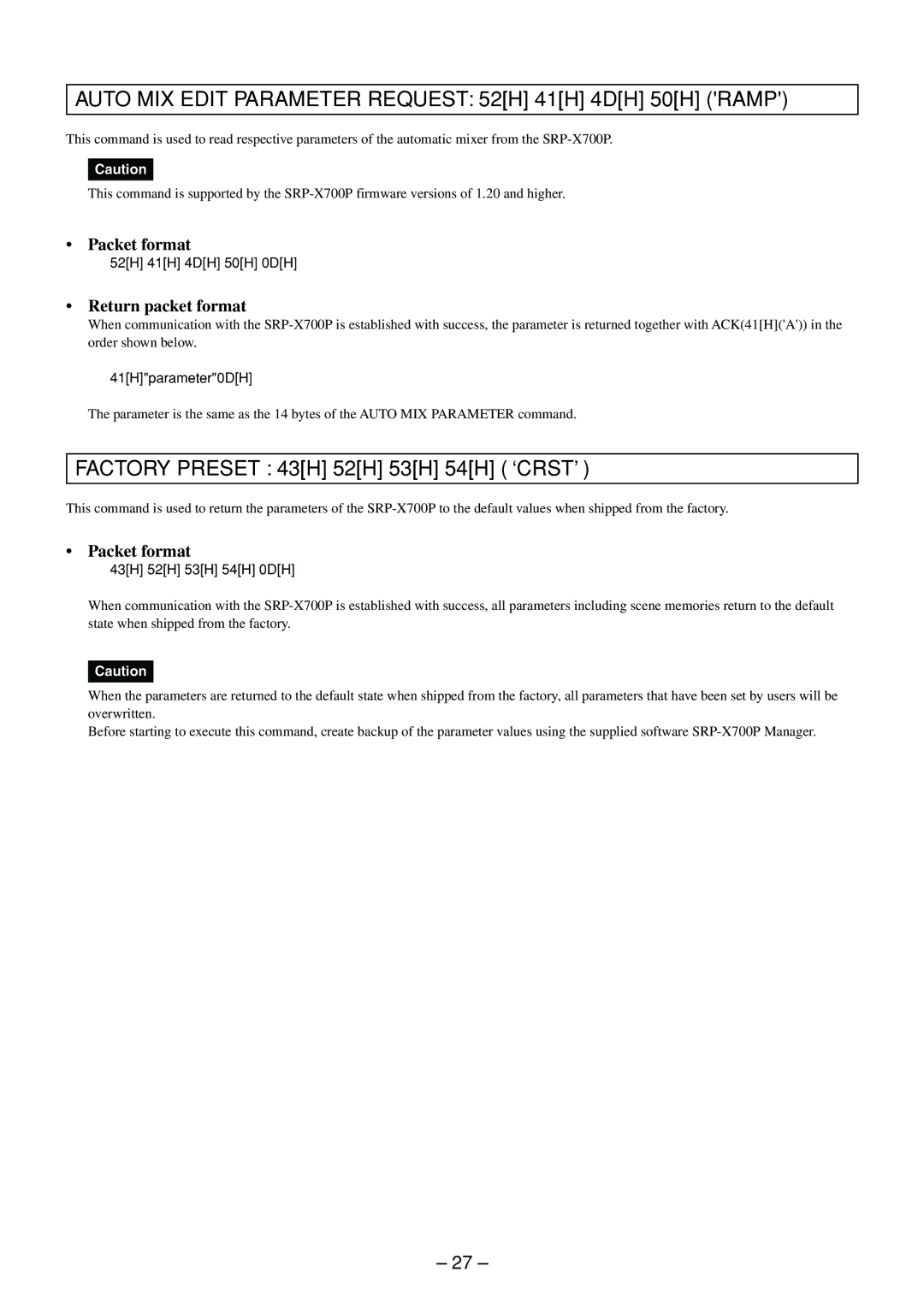 Sony RS-232C manual Auto MIX Edit Parameter Request 52H 41H 4DH 50H Ramp, Factory Preset 43H 52H 53H 54H ‘CRST’ 