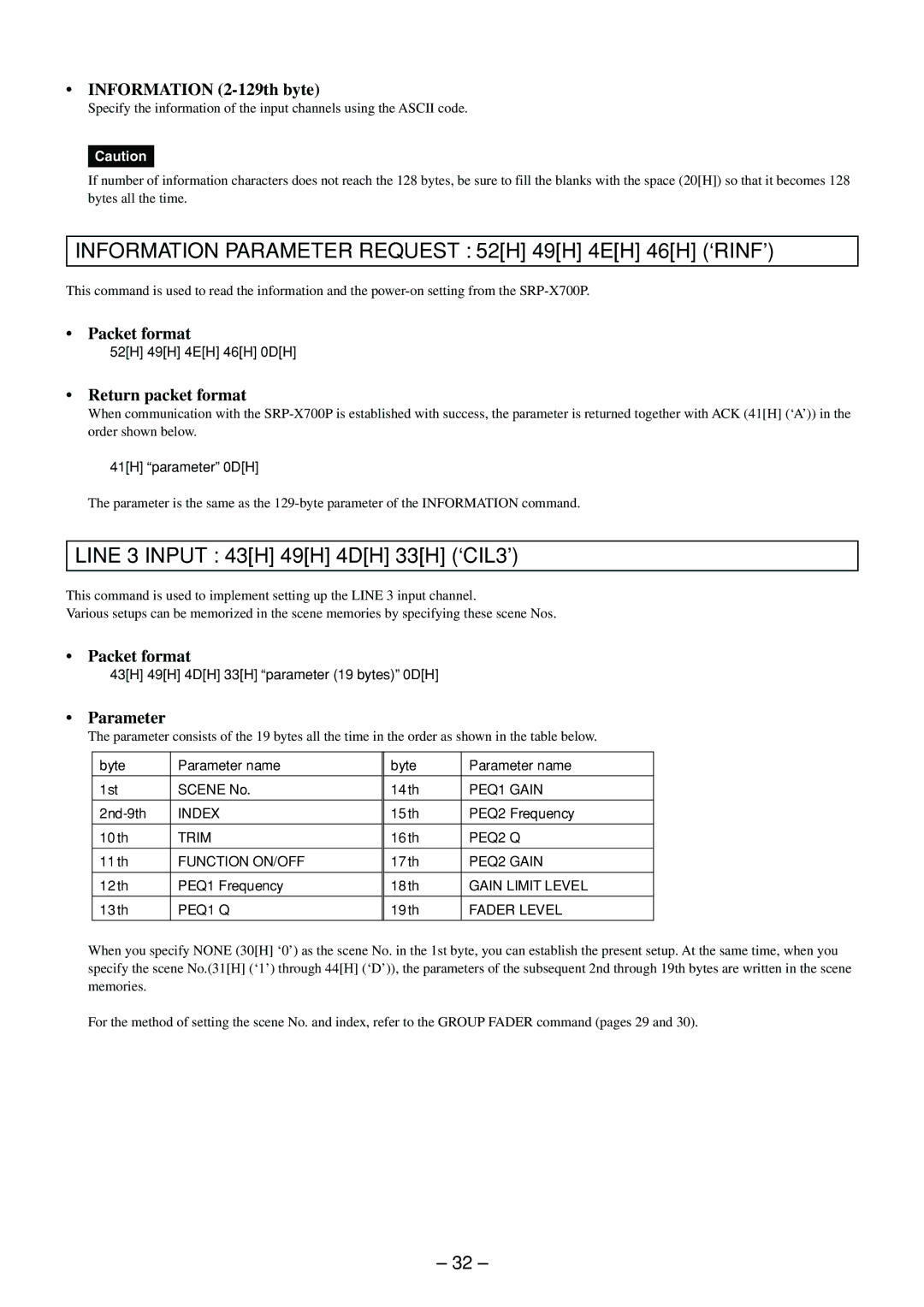 Sony RS-232C manual Information Parameter Request 52H 49H 4EH 46H ‘RINF’, Line 3 Input 43H 49H 4DH 33H ‘CIL3’ 