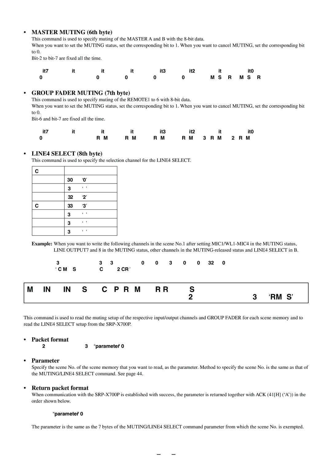 Sony RS-232C MUTING/LINE4 Select Parameter Request, 52H 4DH 54H 53H ‘RMTS’, Master Muting 6th byte, LINE4 Select 8th byte 