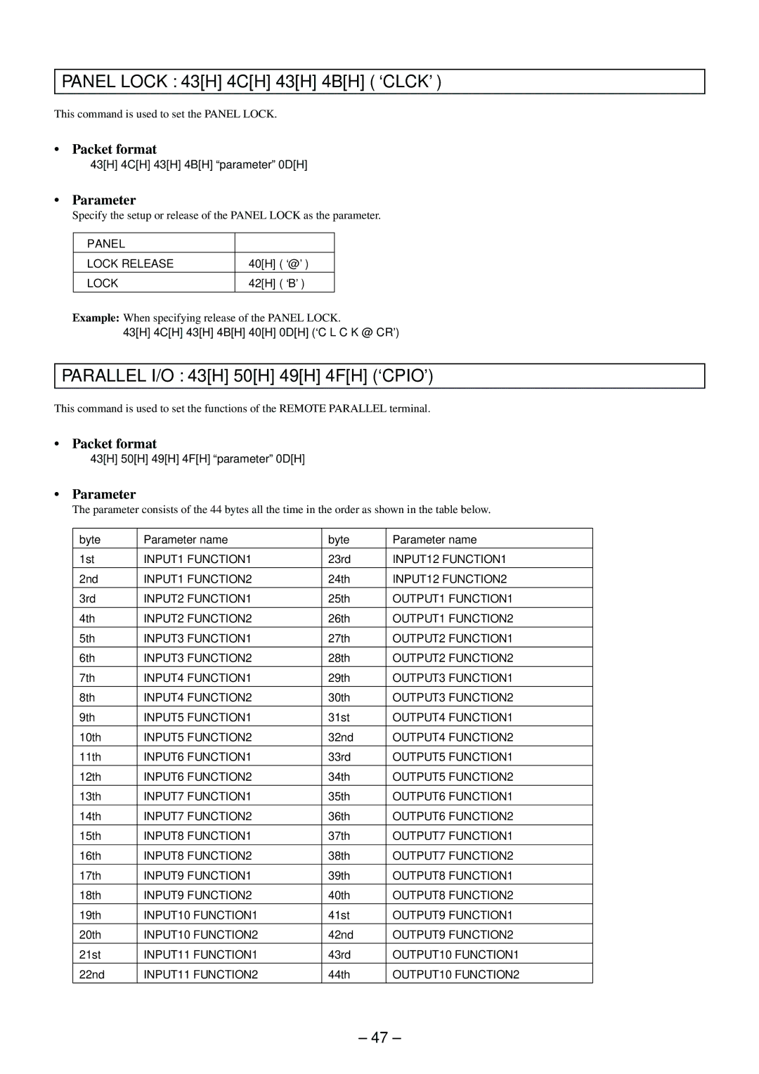 Sony RS-232C manual Panel Lock 43H 4CH 43H 4BH ‘CLCK’, Parallel I/O 43H 50H 49H 4FH ‘CPIO’ 