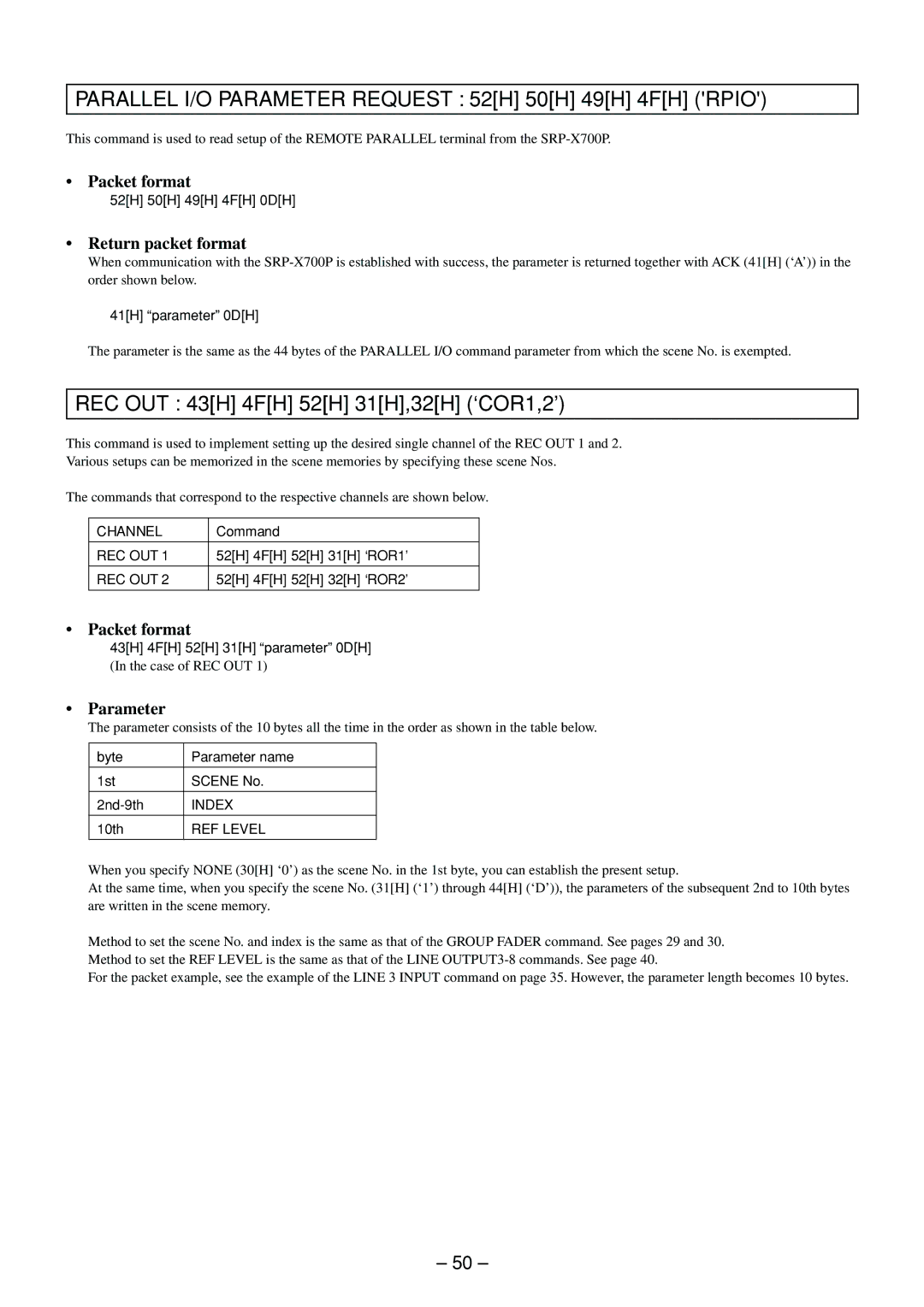 Sony RS-232C manual Parallel I/O Parameter Request 52H 50H 49H 4FH Rpio, REC OUT 43H 4FH 52H 31H,32H ‘COR1,2’, Rec Out 