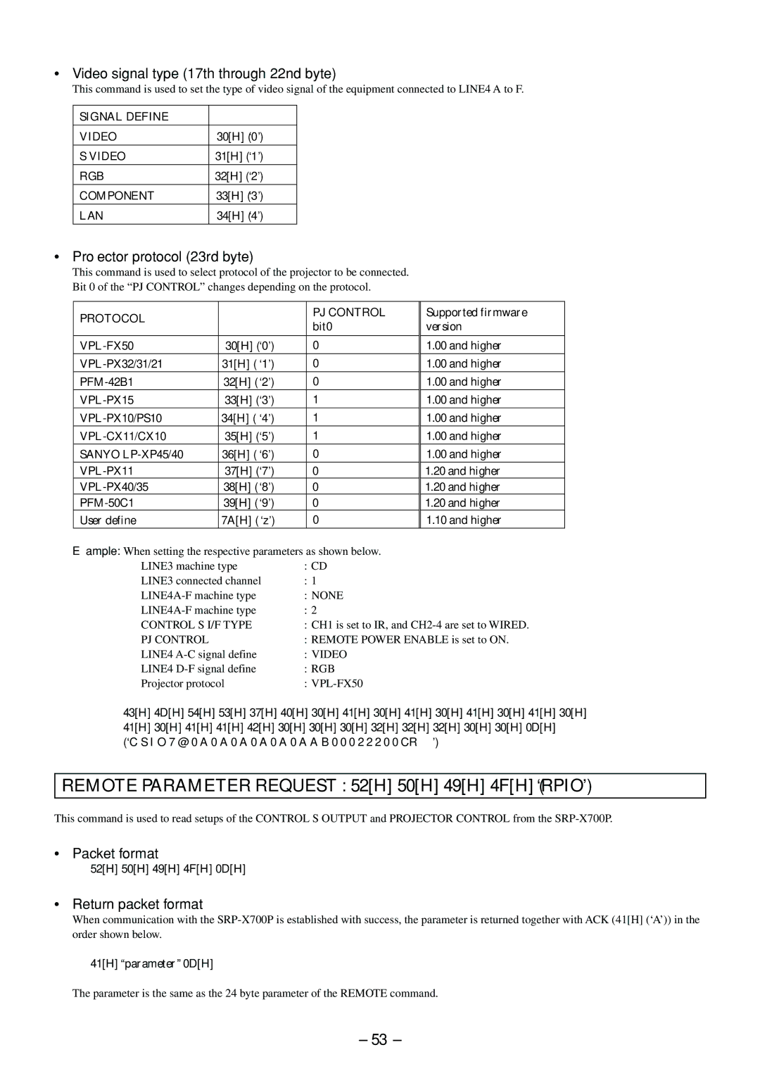 Sony RS-232C manual Remote Parameter Request 52H 50H 49H 4FH ‘RPIO’, Video signal type 17th through 22nd byte 