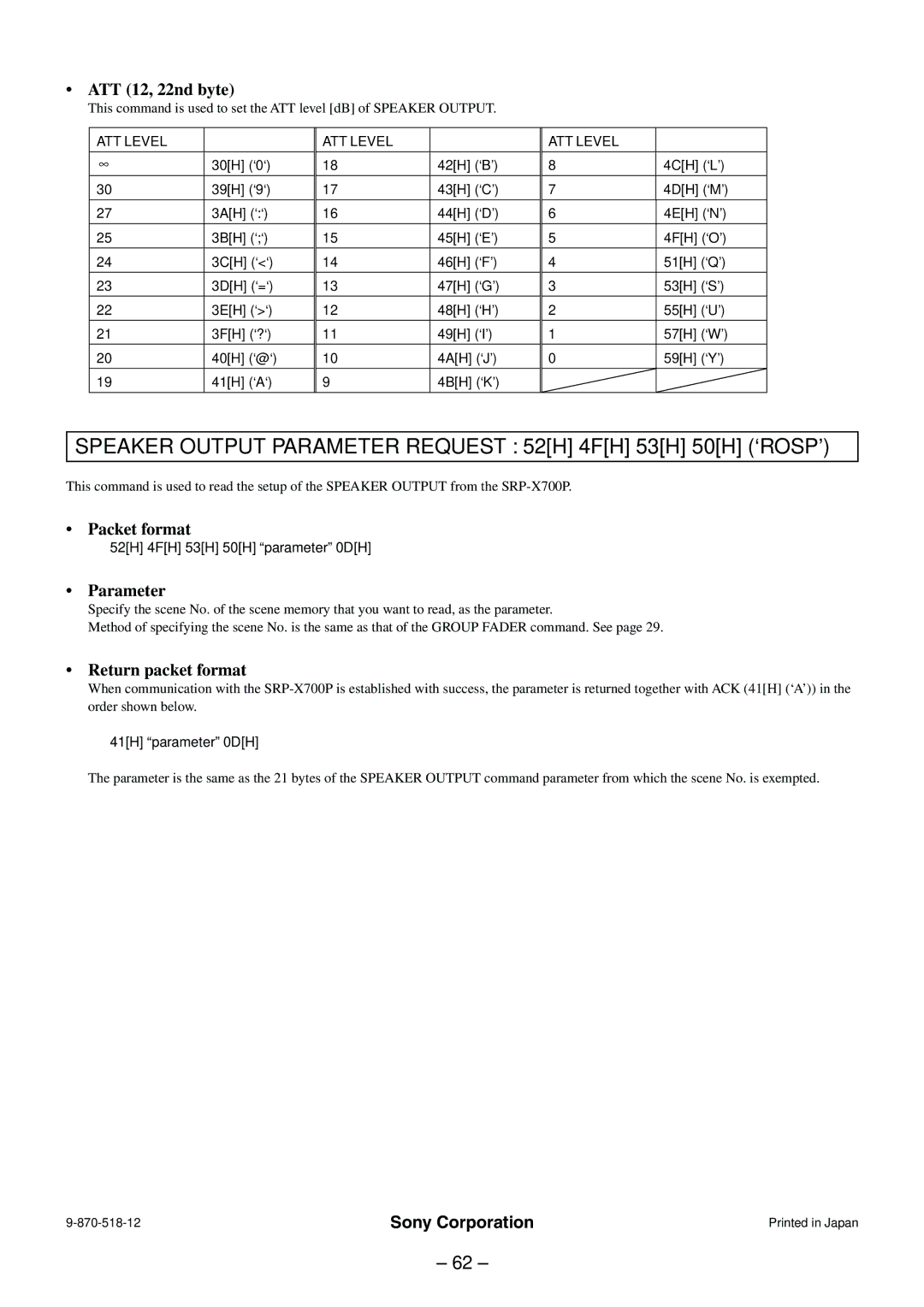 Sony RS-232C manual Speaker Output Parameter Request 52H 4FH 53H 50H ‘ROSP’, ATT 12, 22nd byte, ATT Level 