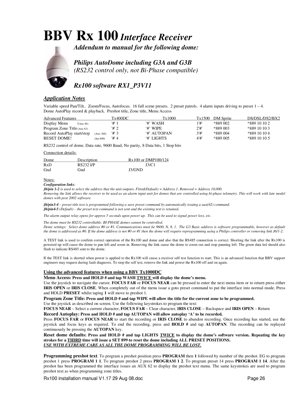 Sony RX100 manual Using the advanced features when using a BBV Tx1000DC, DS/DSL/DS2/BX2, ‘#’ Autopan, Reset Dome, J3/GND 