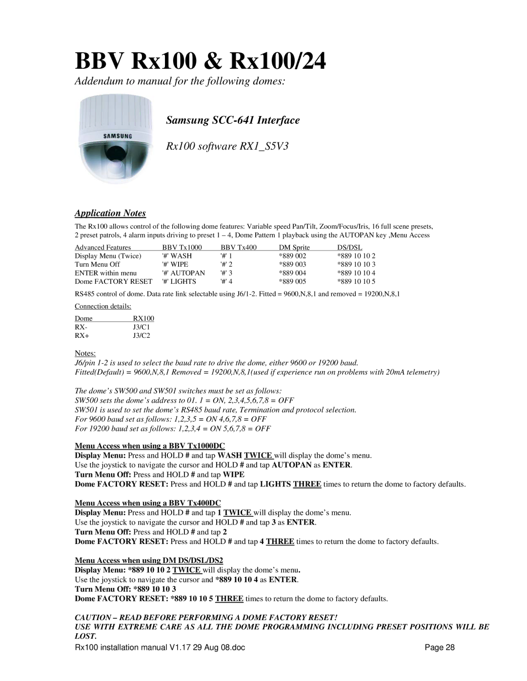 Sony RX100 manual Menu Access when using a BBV Tx1000DC, Menu Access when using a BBV Tx400DC, Turn Menu Off *889 10 10 