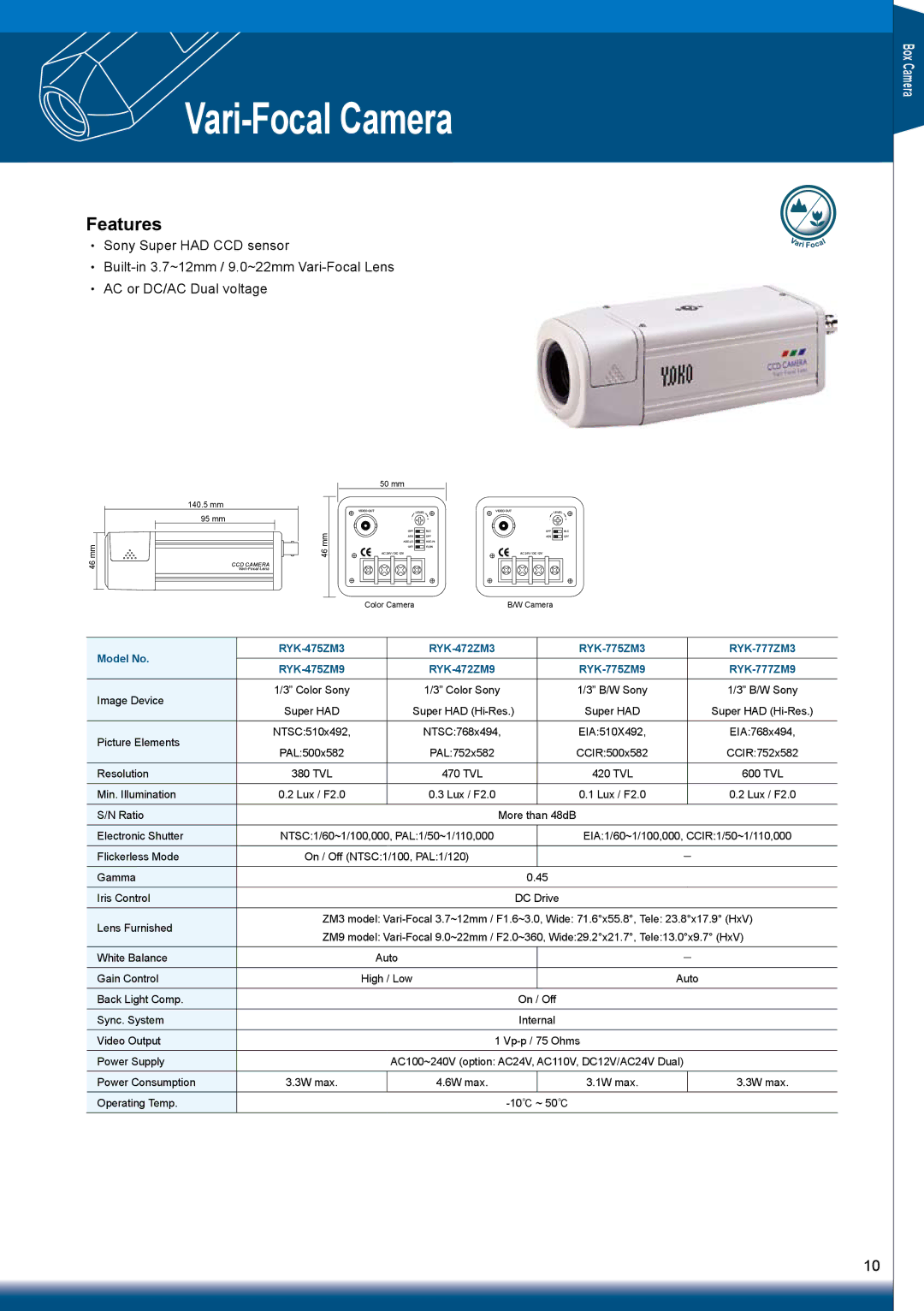 Sony RYK-AF302A manual Vari-Focal Camera, Model No RYK-475ZM3 RYK-472ZM3 RYK-775ZM3 RYK-777ZM3 