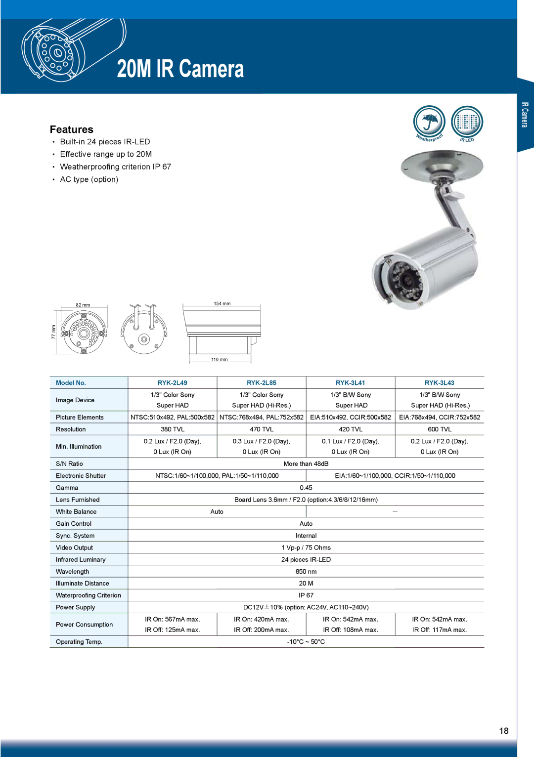 Sony RYK-AF302A manual 20M IR Camera, Model No RYK-2L49 RYK-2L85 RYK-3L41 RYK-3L43 