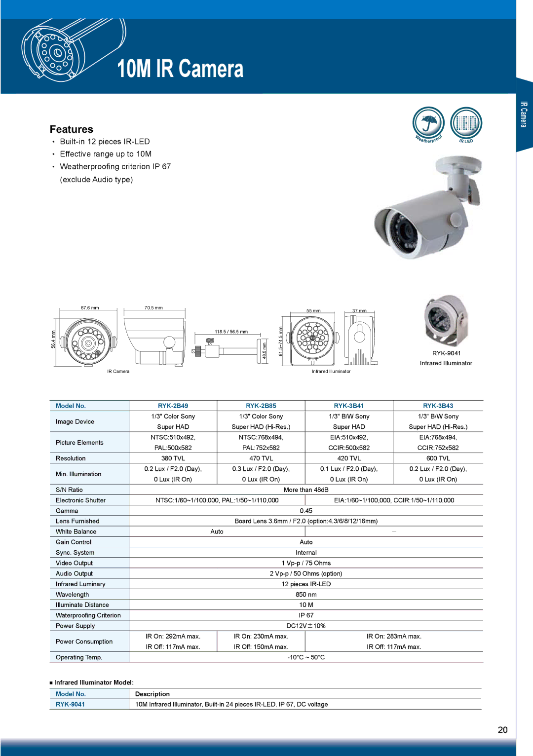 Sony RYK-AF302A manual 10M IR Camera, Model No RYK-2B49 RYK-2B85 RYK-3B41 RYK-3B43, RYK-9041 