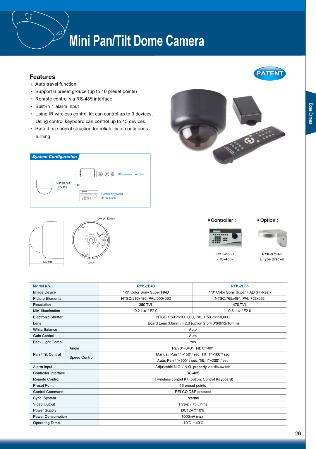 Sony RYK-AF302A manual Mini Pan/Tilt Dome Camera, Controller Option 