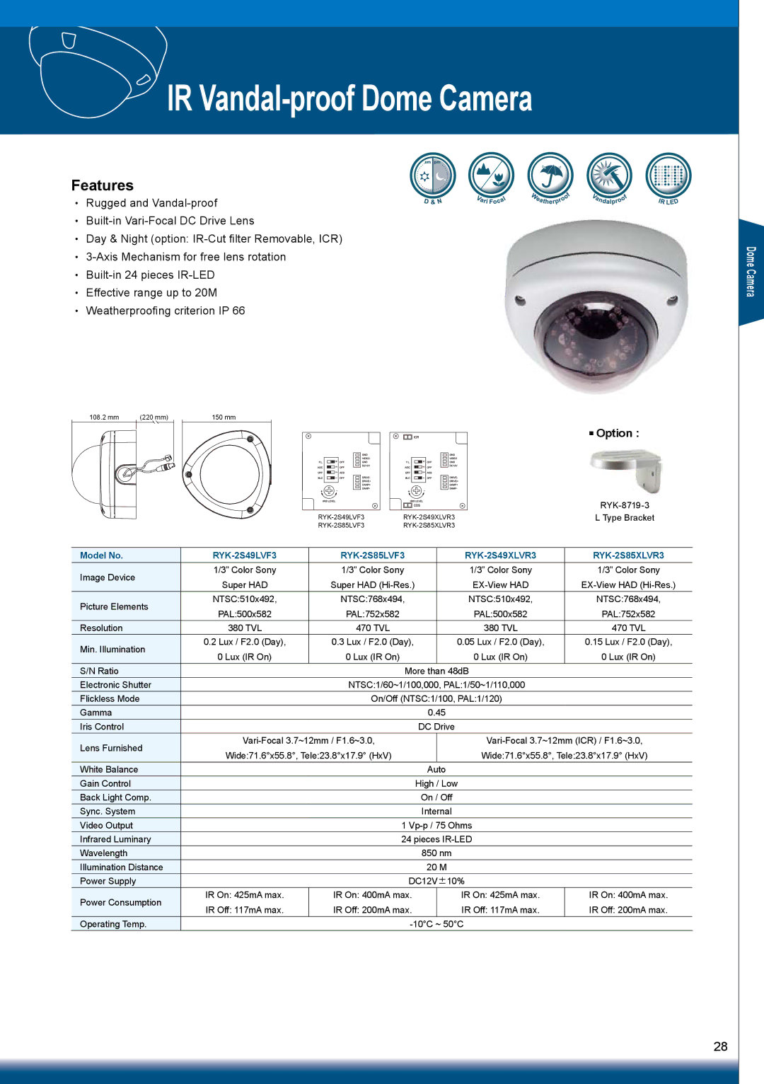 Sony RYK-AF302A manual IR Vandal-proof Dome Camera, RYK-2S49LVF3 RYK-2S85LVF3 RYK-2S49XLVR3 RYK-2S85XLVR3 