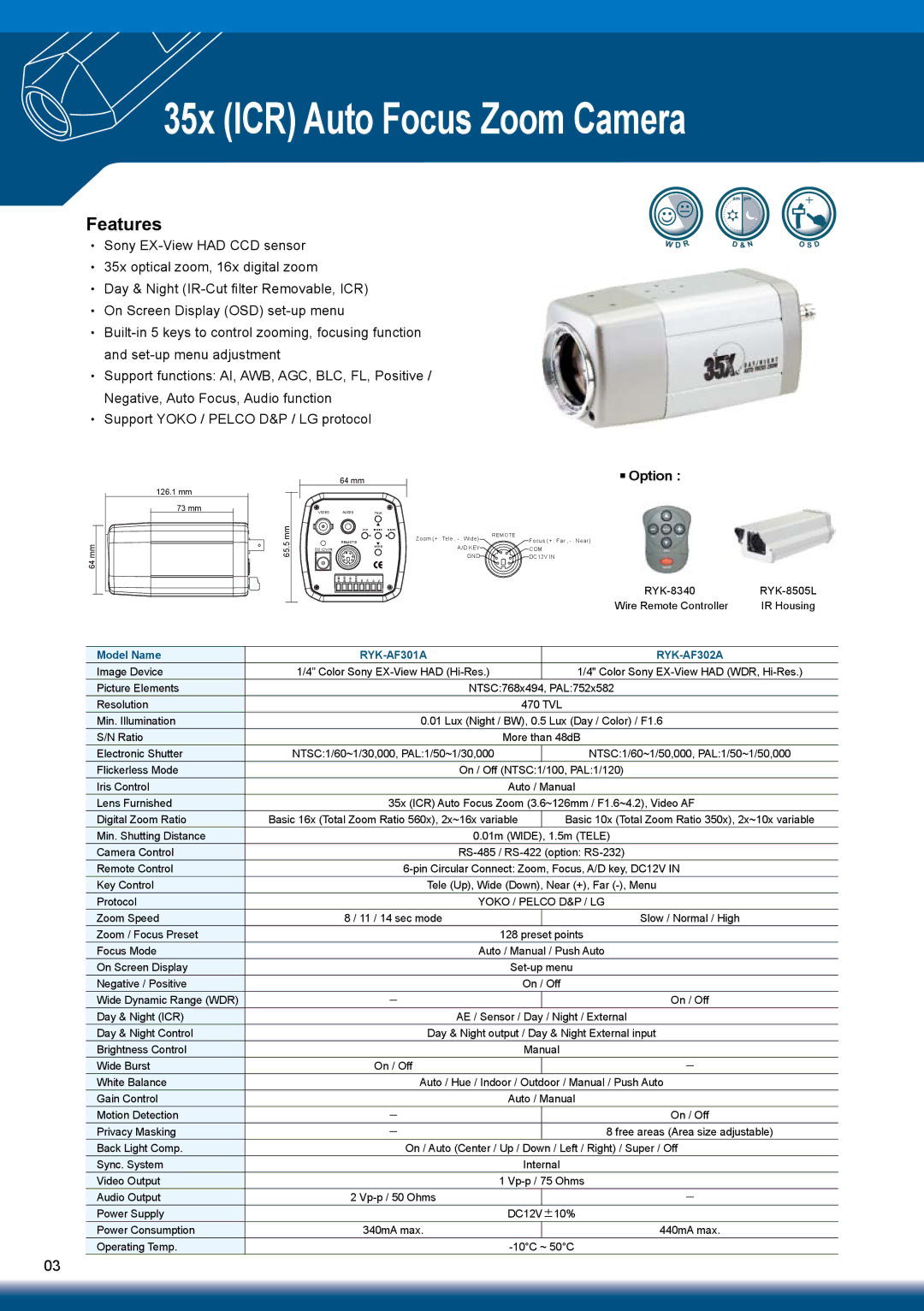 Sony RYK-AF302A manual 35x ICR Auto Focus Zoom Camera, Model Name 