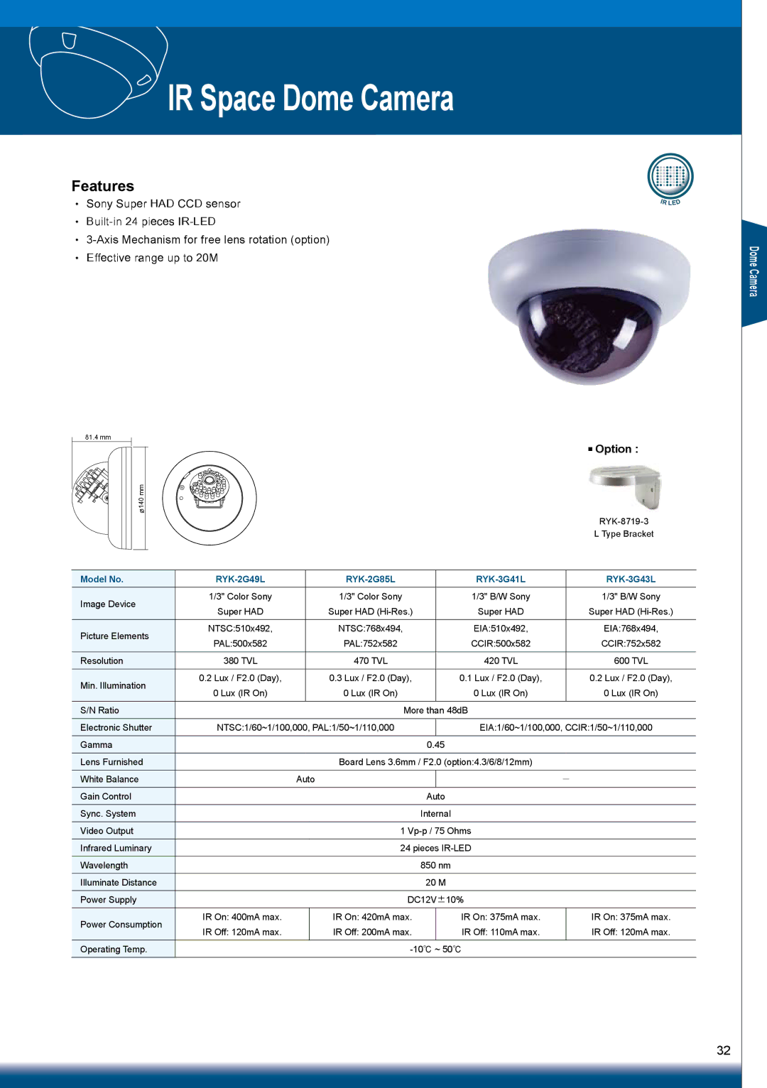 Sony RYK-AF302A manual IR Space Dome Camera, RYK-2G49L RYK-2G85L RYK-3G41L RYK-3G43L 