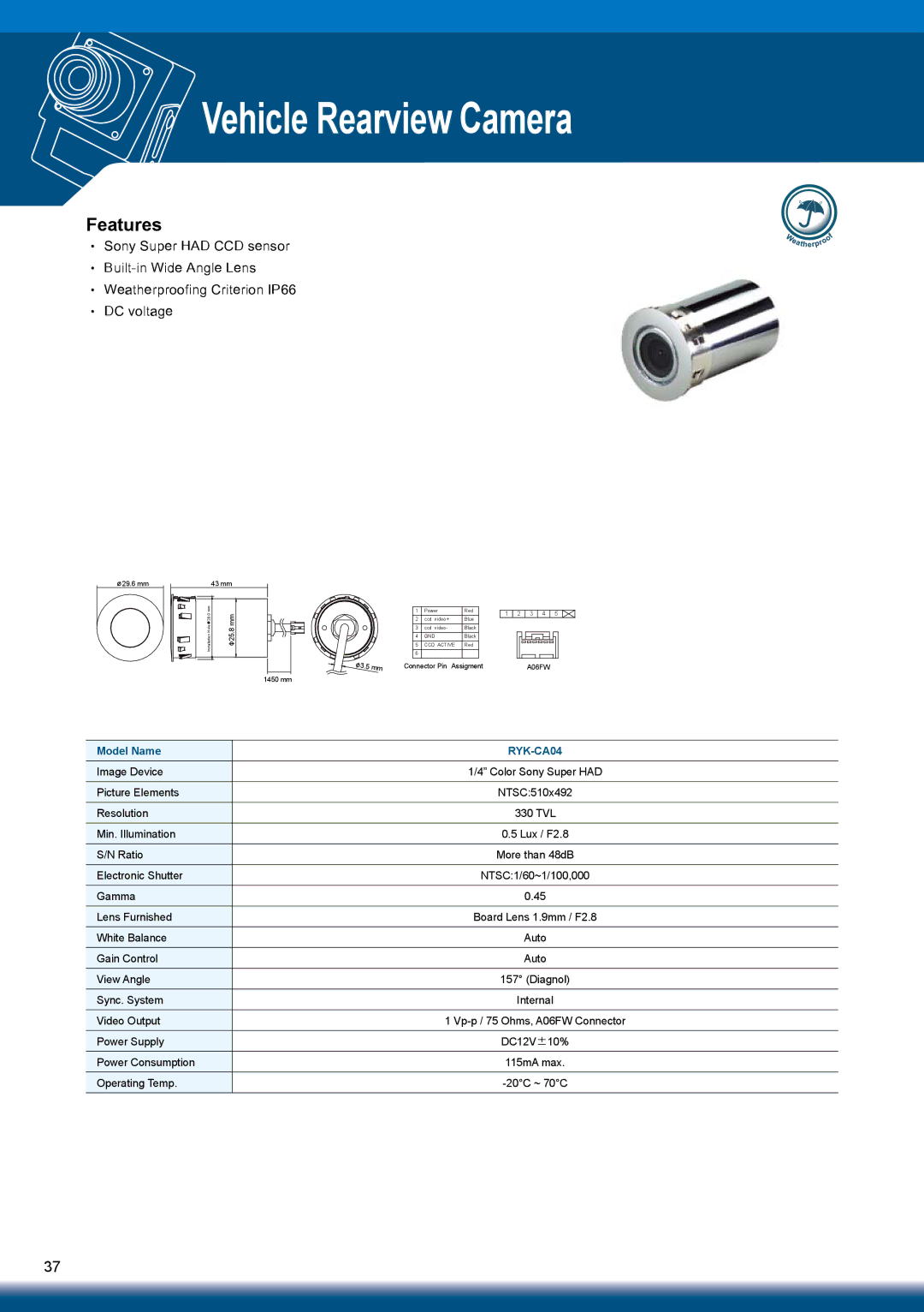 Sony RYK-AF302A manual Vehicle Rearview Camera, RYK-CA04 