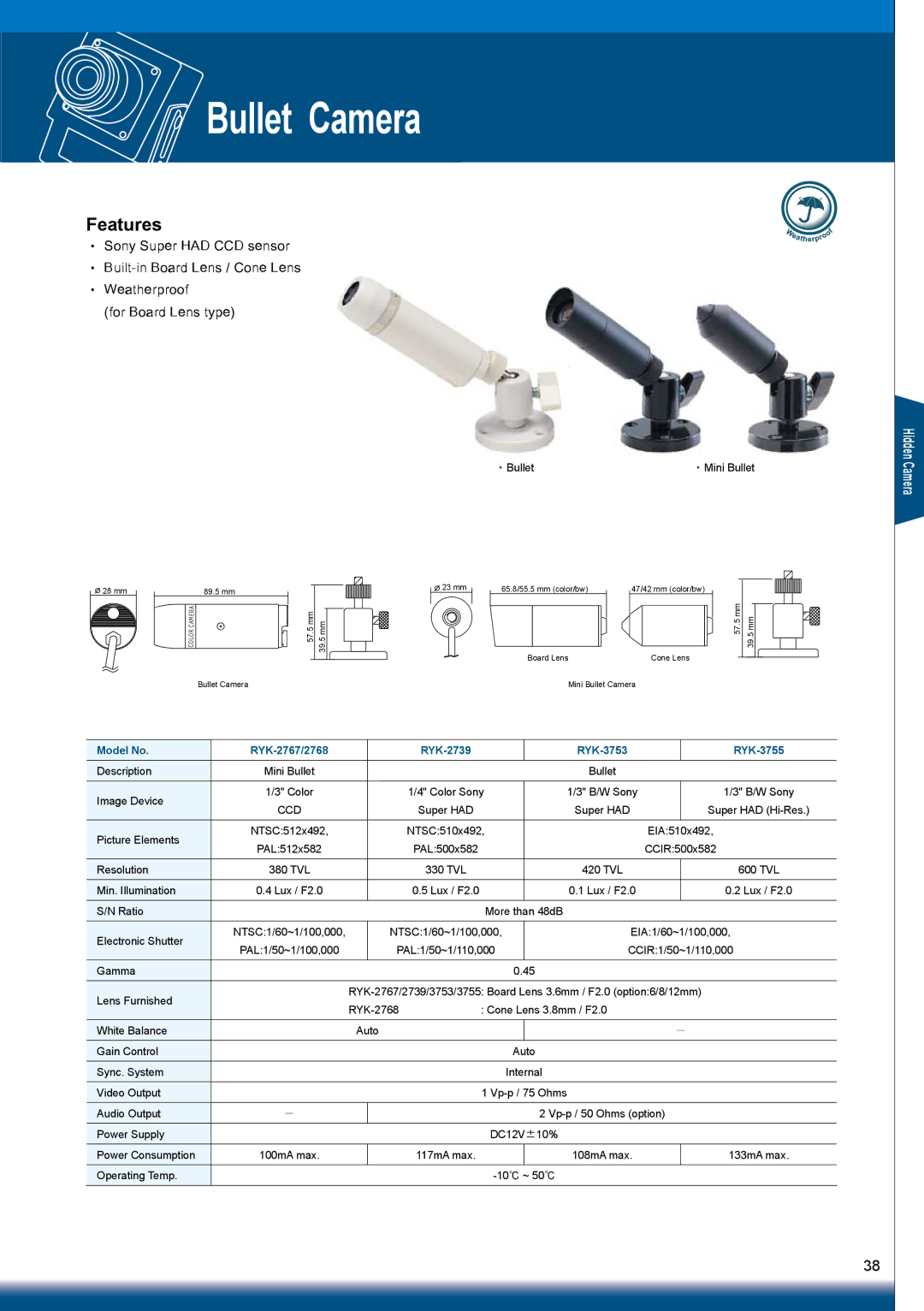 Sony RYK-AF302A manual Bullet Camera, Model No RYK-2767/2768 RYK-2739 RYK-3753 RYK-3755, Ccd 