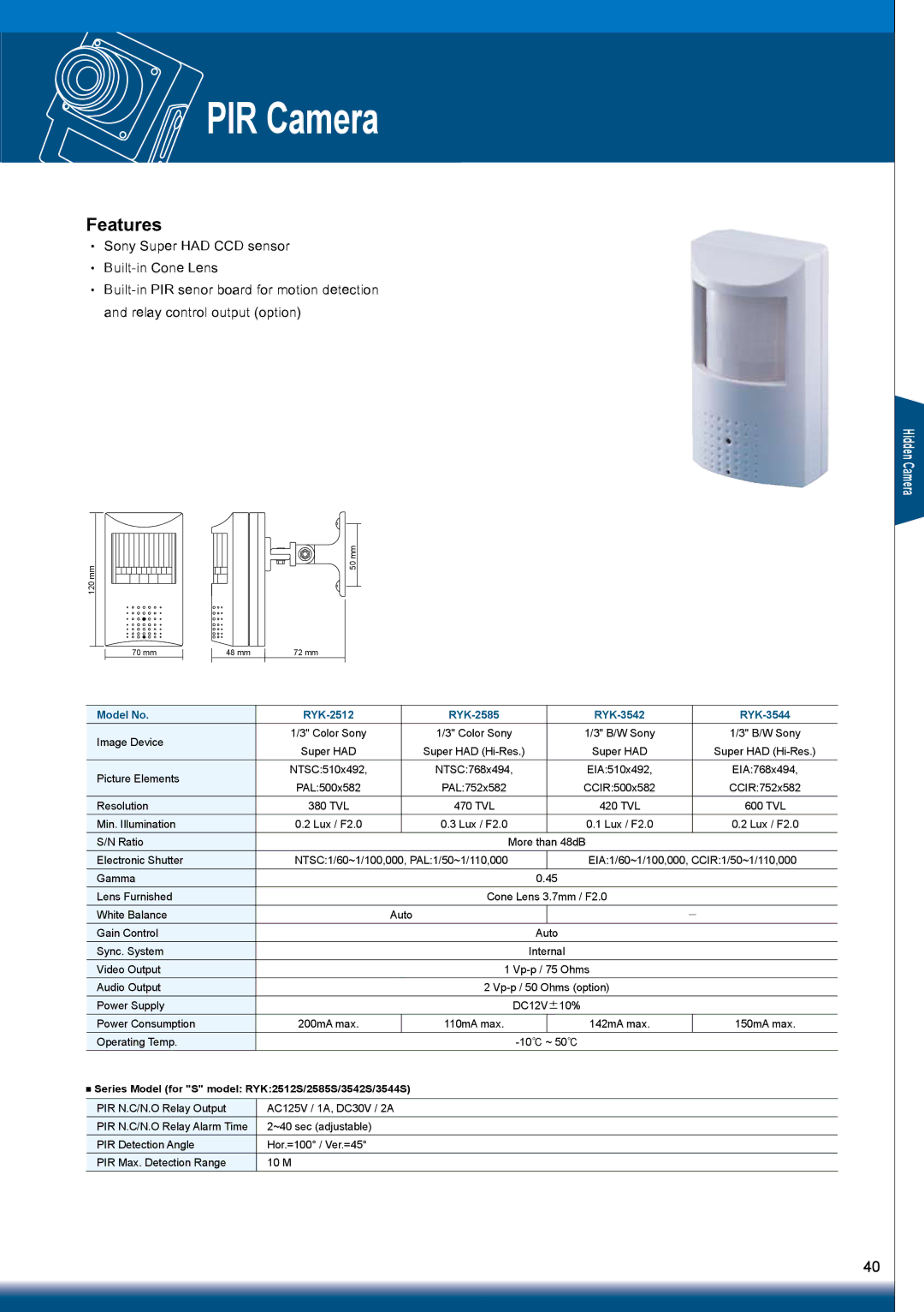 Sony RYK-AF302A manual PIR Camera, Model No RYK-2512 RYK-2585 RYK-3542 RYK-3544 