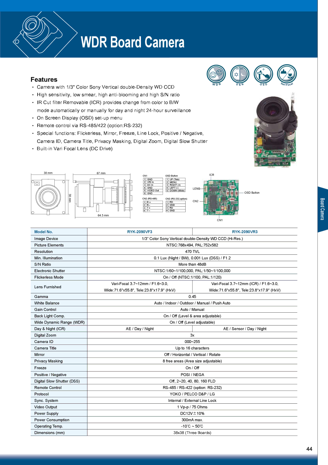 Sony RYK-AF302A manual WDR Board Camera, Model No RYK-2090VF3 RYK-2090VR3 