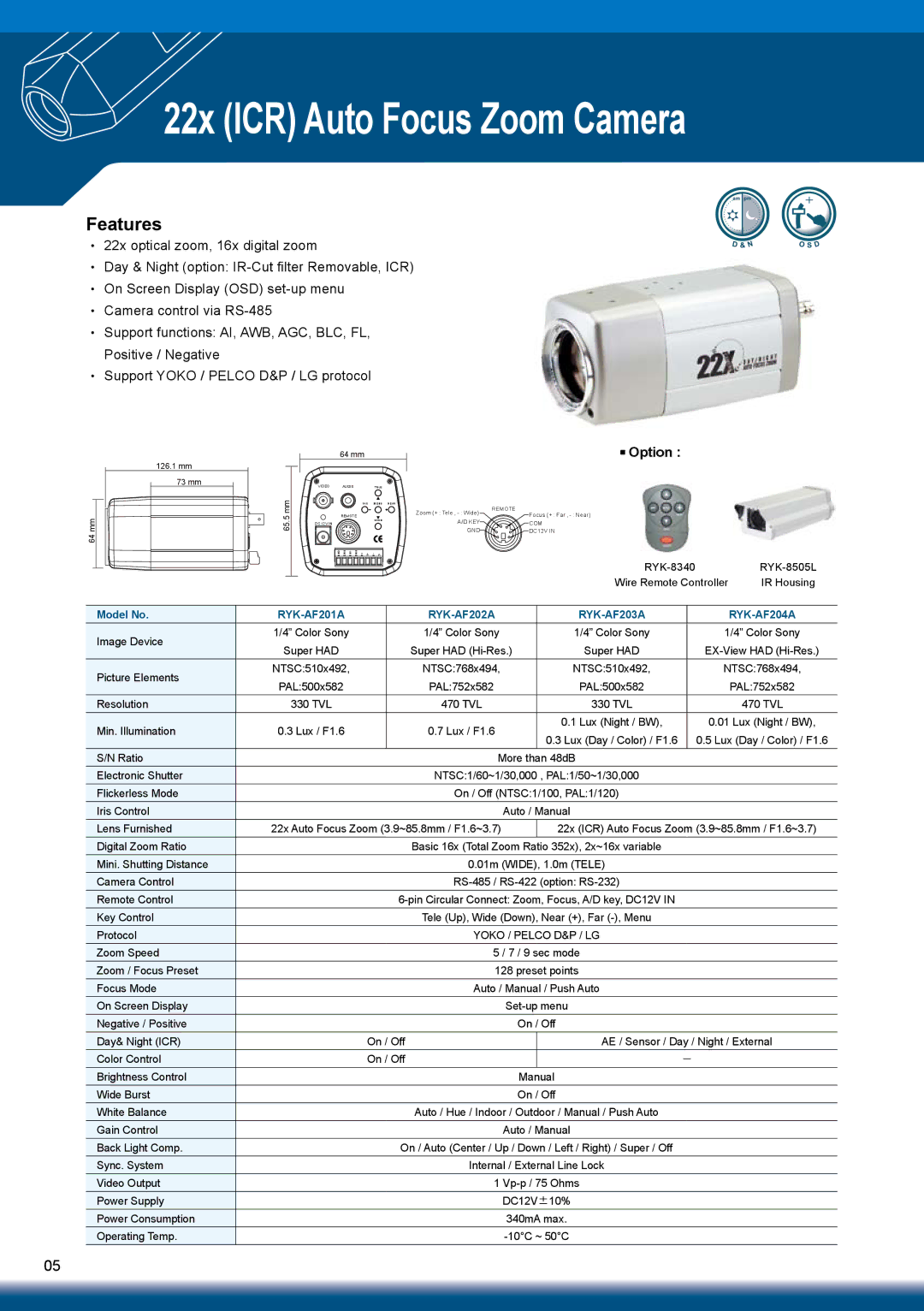 Sony RYK-AF302A manual 22x ICR Auto Focus Zoom Camera, Model No 