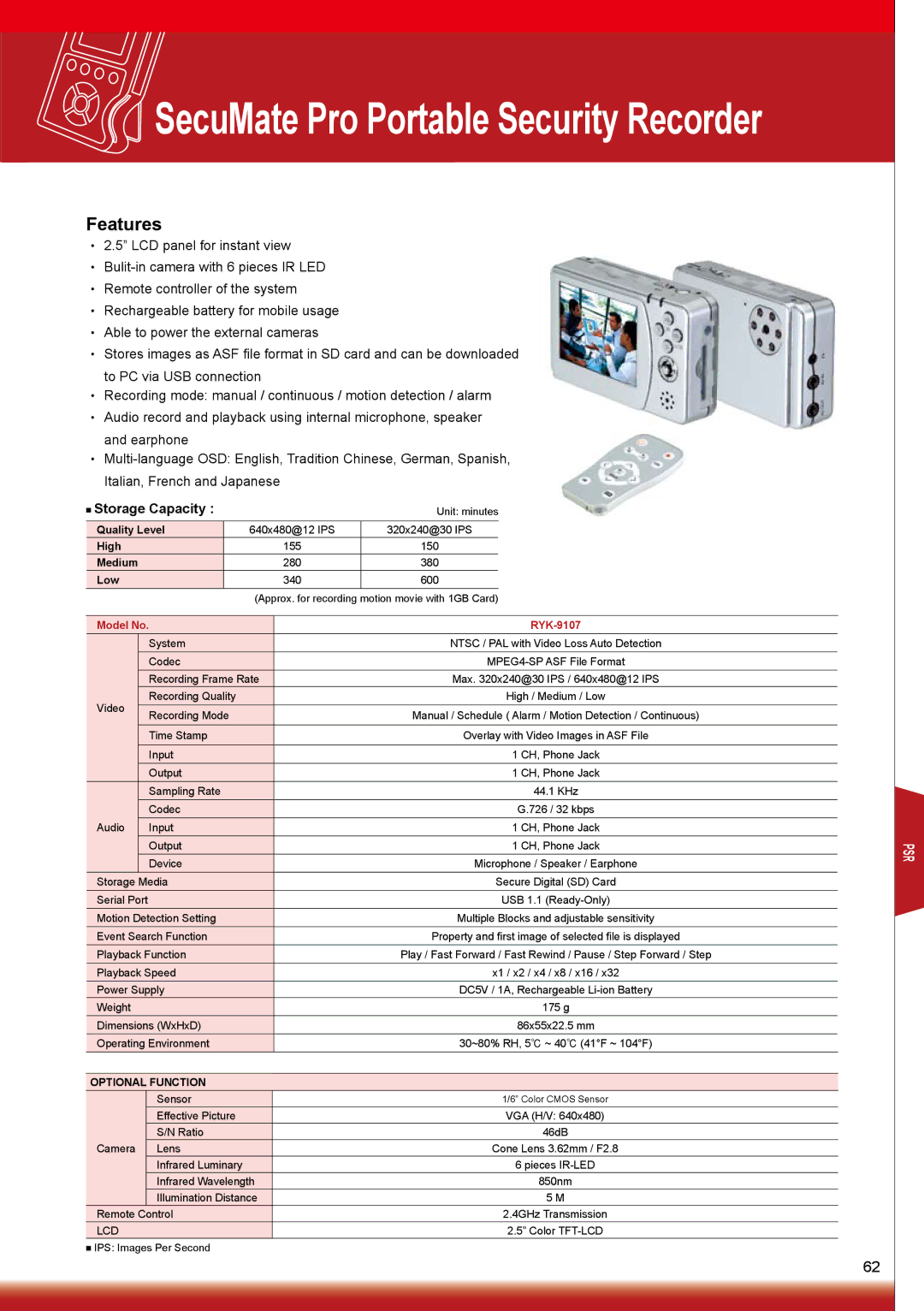 Sony RYK-AF302A manual SecuMate Pro Portable Security Recorder, Lcd 