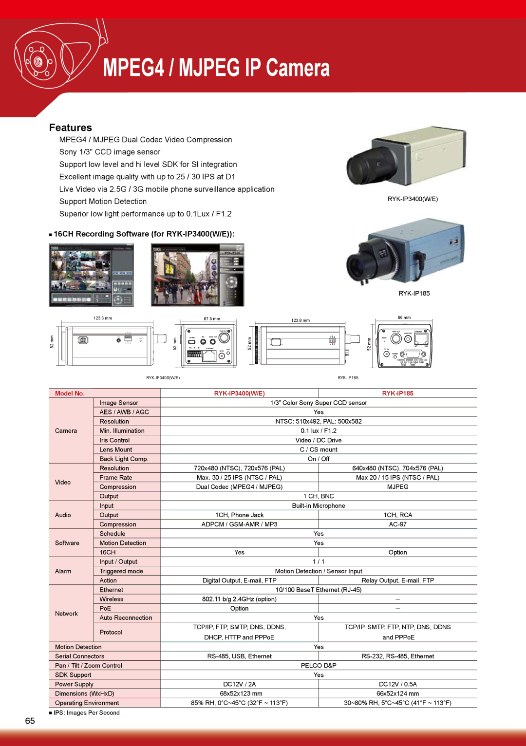 Sony RYK-AF302A manual MPEG4 / Mjpeg IP Camera, 16CH Recording Software for RYK-IP3400W/E, RYK-IP185, Aes / Awb / Agc 