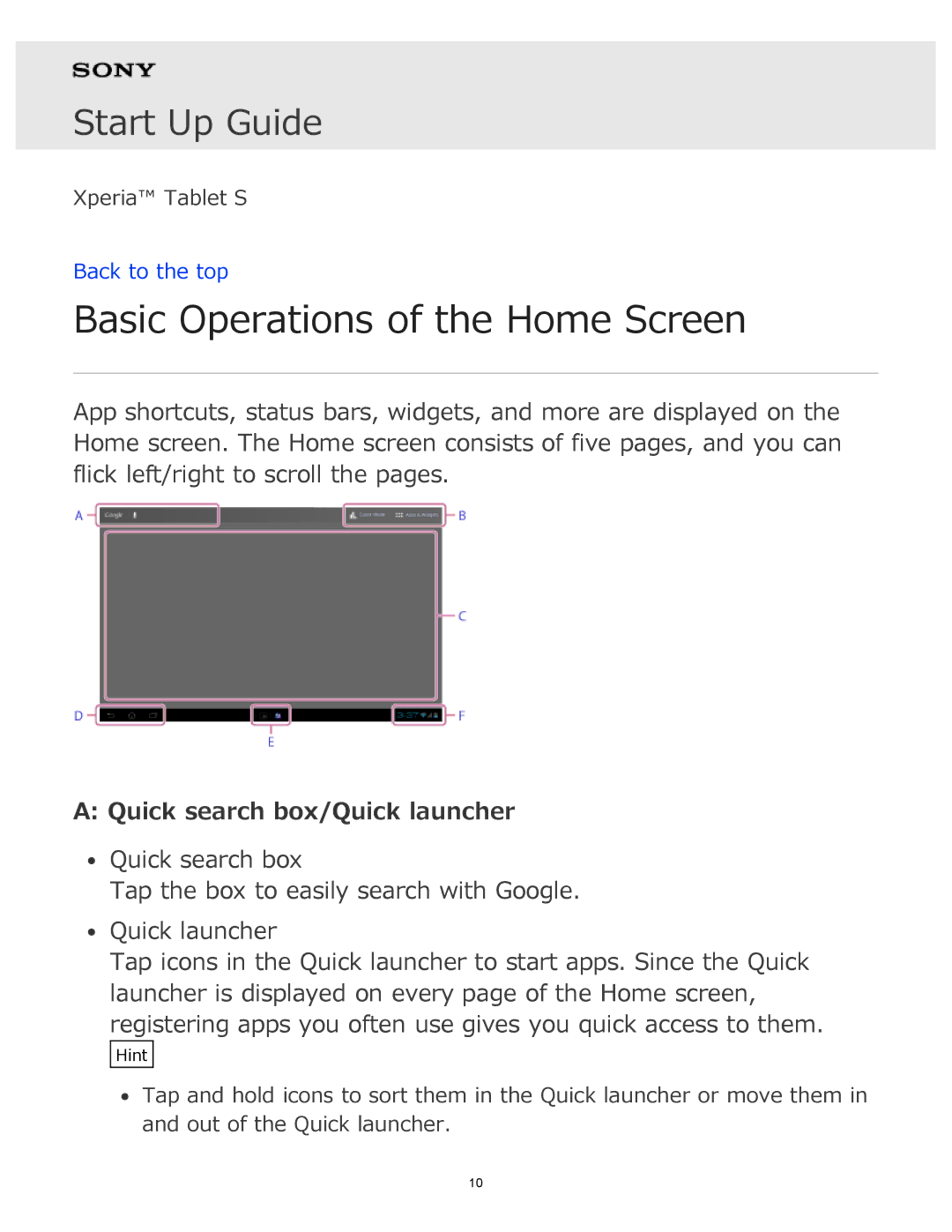 Sony manual Basic Operations of the Home Screen, Quick search box/Quick launcher 