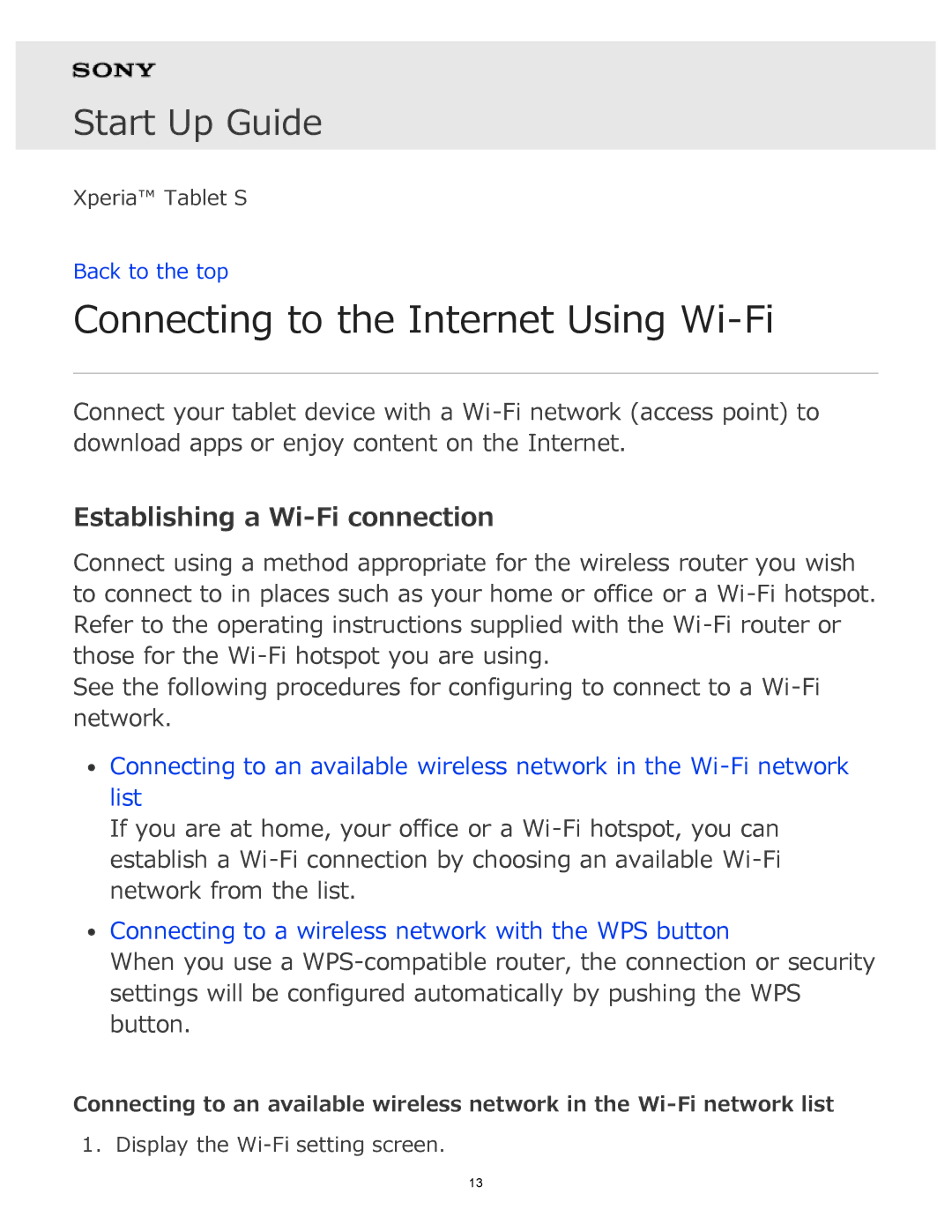 Sony S manual Connecting to the Internet Using Wi-Fi, Establishing a Wi-Fi connection 