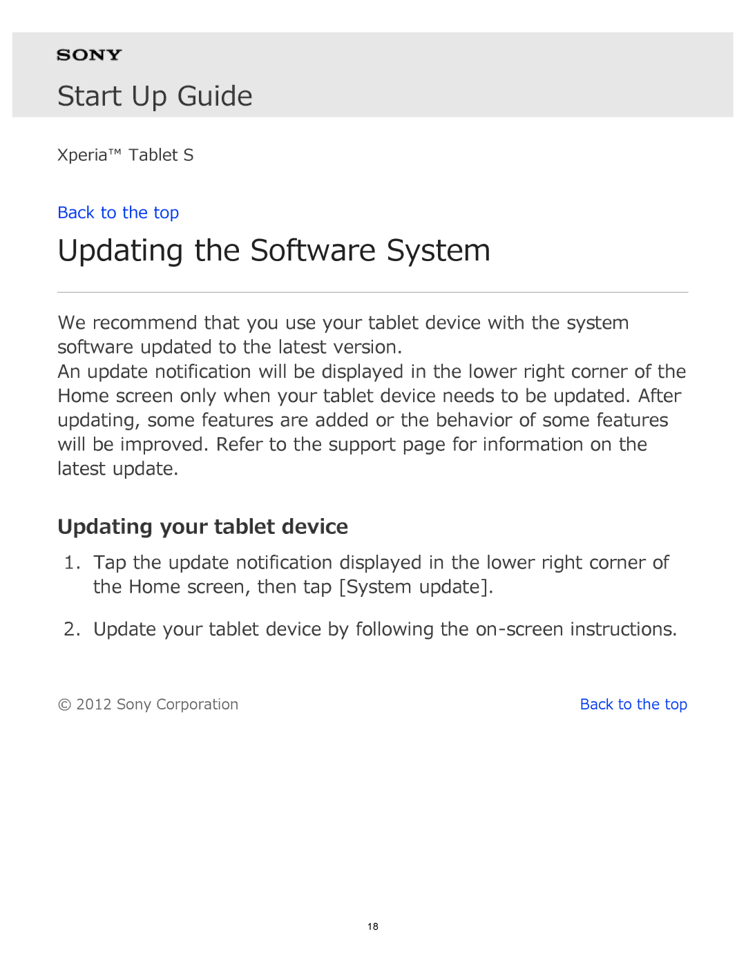 Sony manual Updating the Software System, Updating your tablet device 