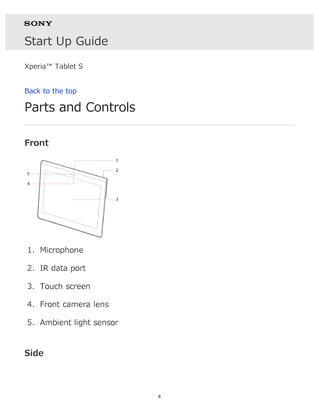 Sony manual Parts and Controls, Front, Side 